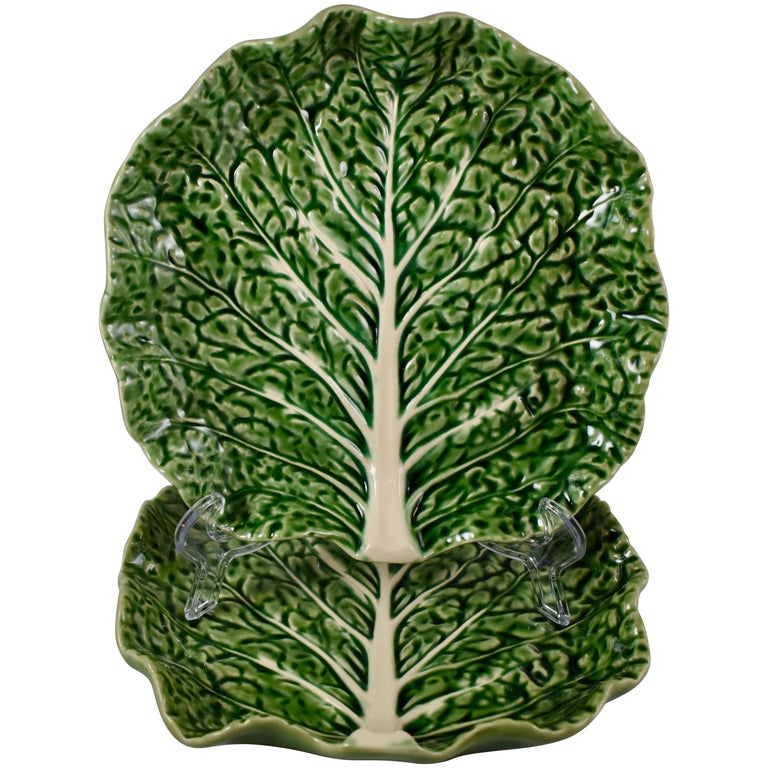 Bordallo Pinheiro Portuguese Majolica Green Cabbage Plates, Set of Two at 1stDibs