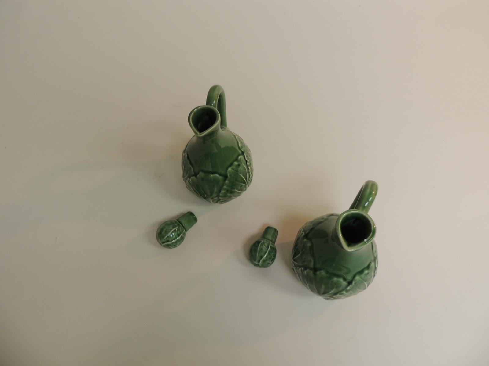 Portuguese Bordalo Pinhero Vintage Pair of Green Cabbage Leaves Salad Dressing Holders