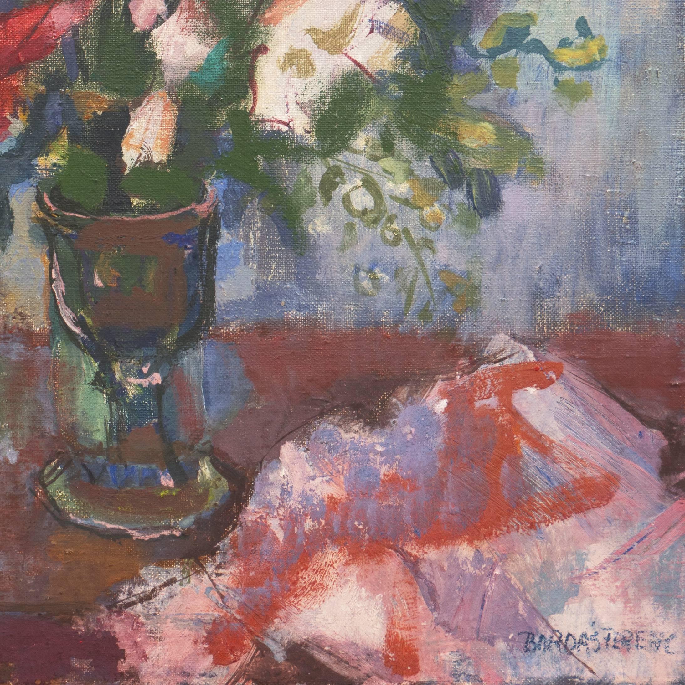 Oil still-life of a bouquet of ocher, rose, cobalt, lavender, and ivory wildflowers, informally arranged in a goblet against a background of rust and periwinkle. 

Signed lower right, 