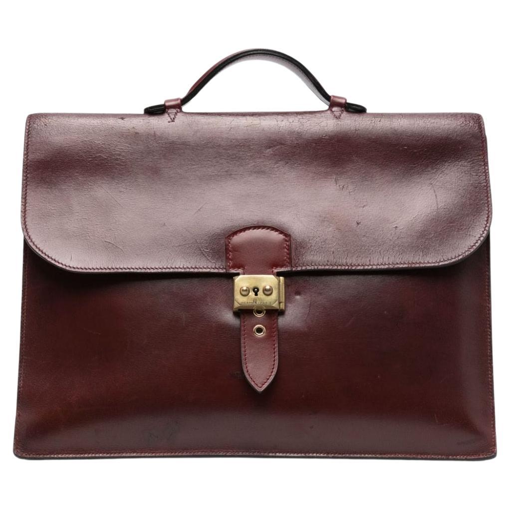 Bordeaux Box Leather Hermes Sac A Depeches Briefcase For Sale