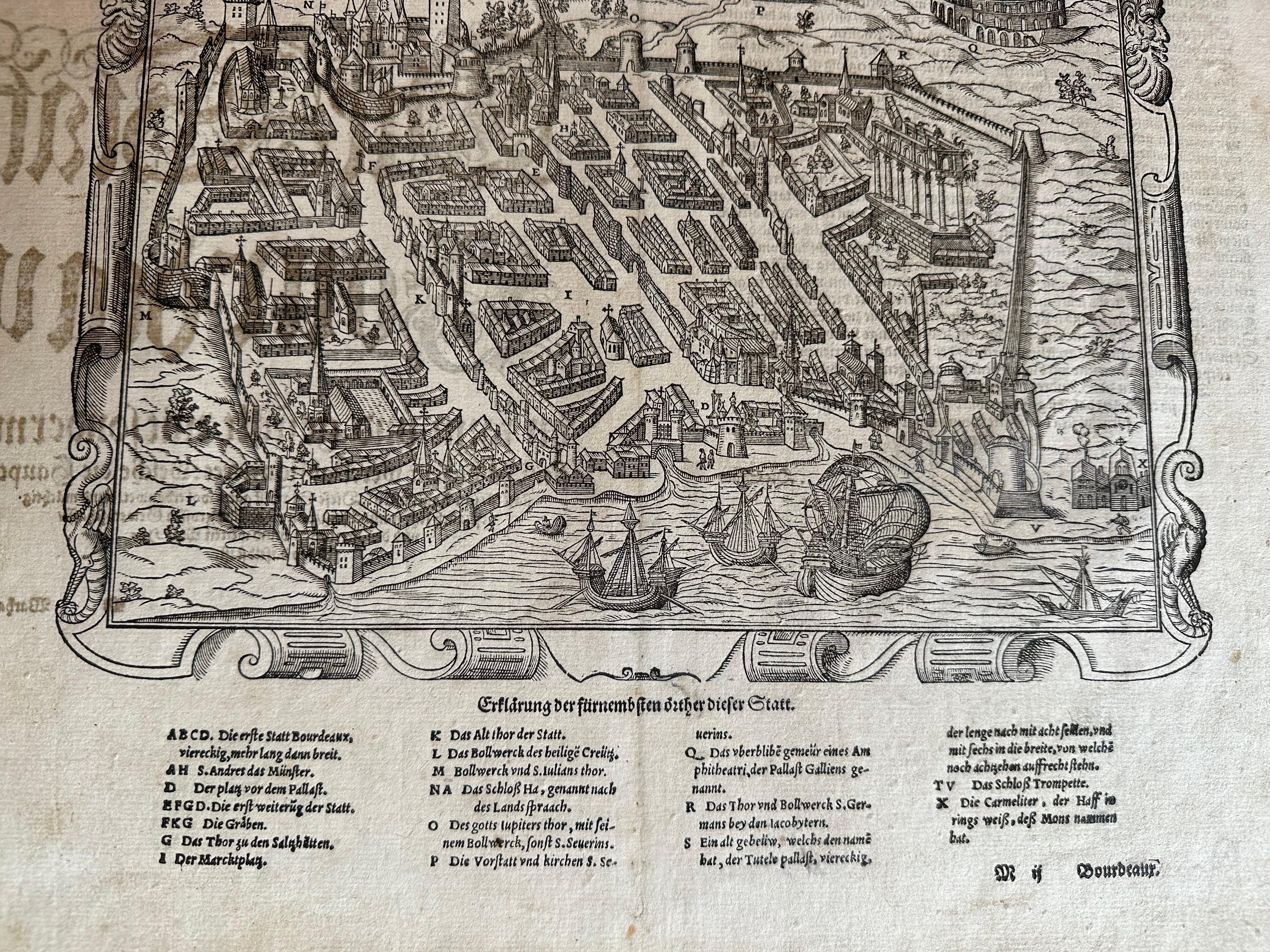 Tedesco Veduta della città di Bordeaux - xilografia originale di Braun & Hogenberg, 1575 ca. in vendita