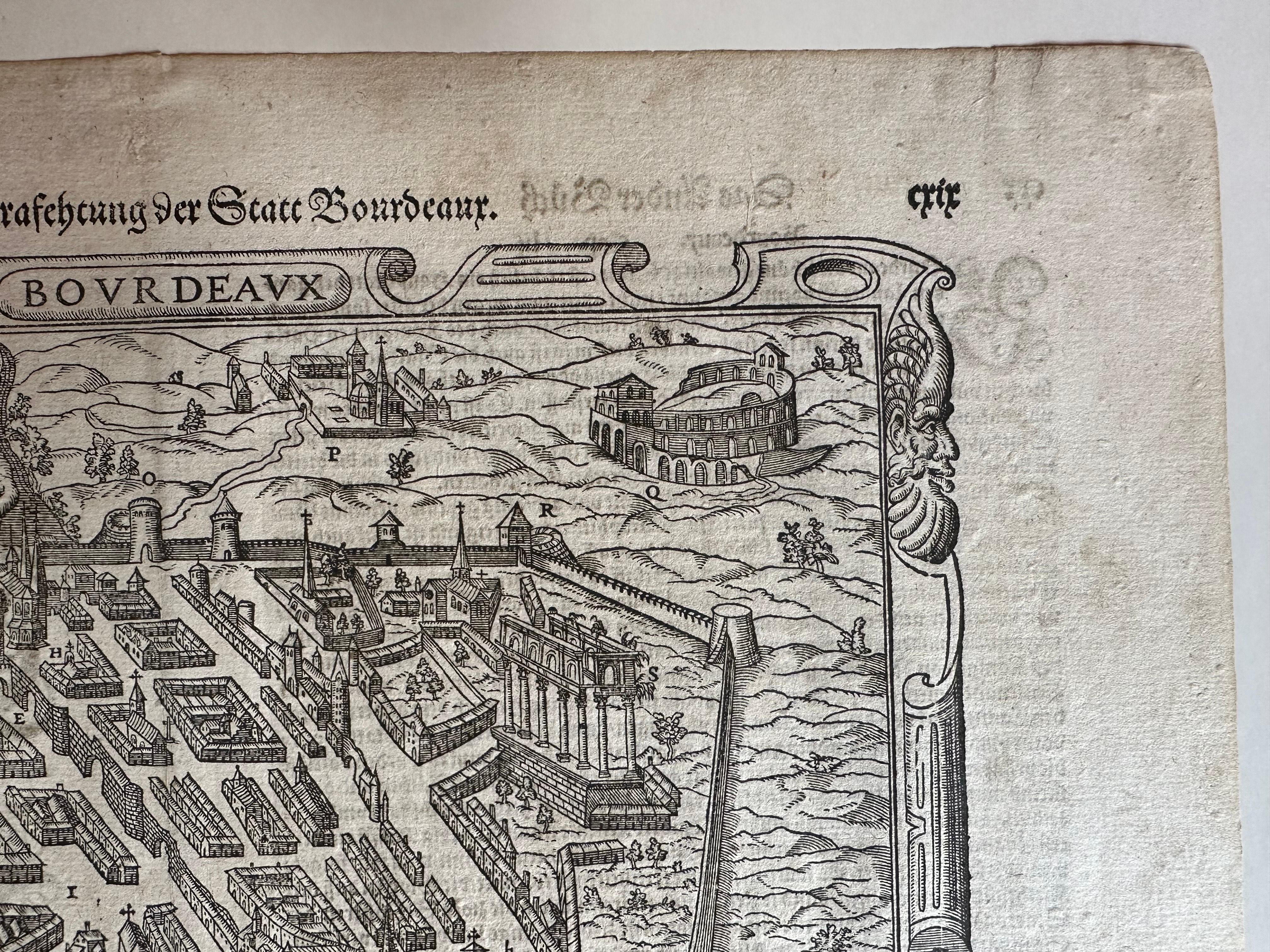 Veduta della città di Bordeaux - xilografia originale di Braun & Hogenberg, 1575 ca. In condizioni buone in vendita a Langweer, NL