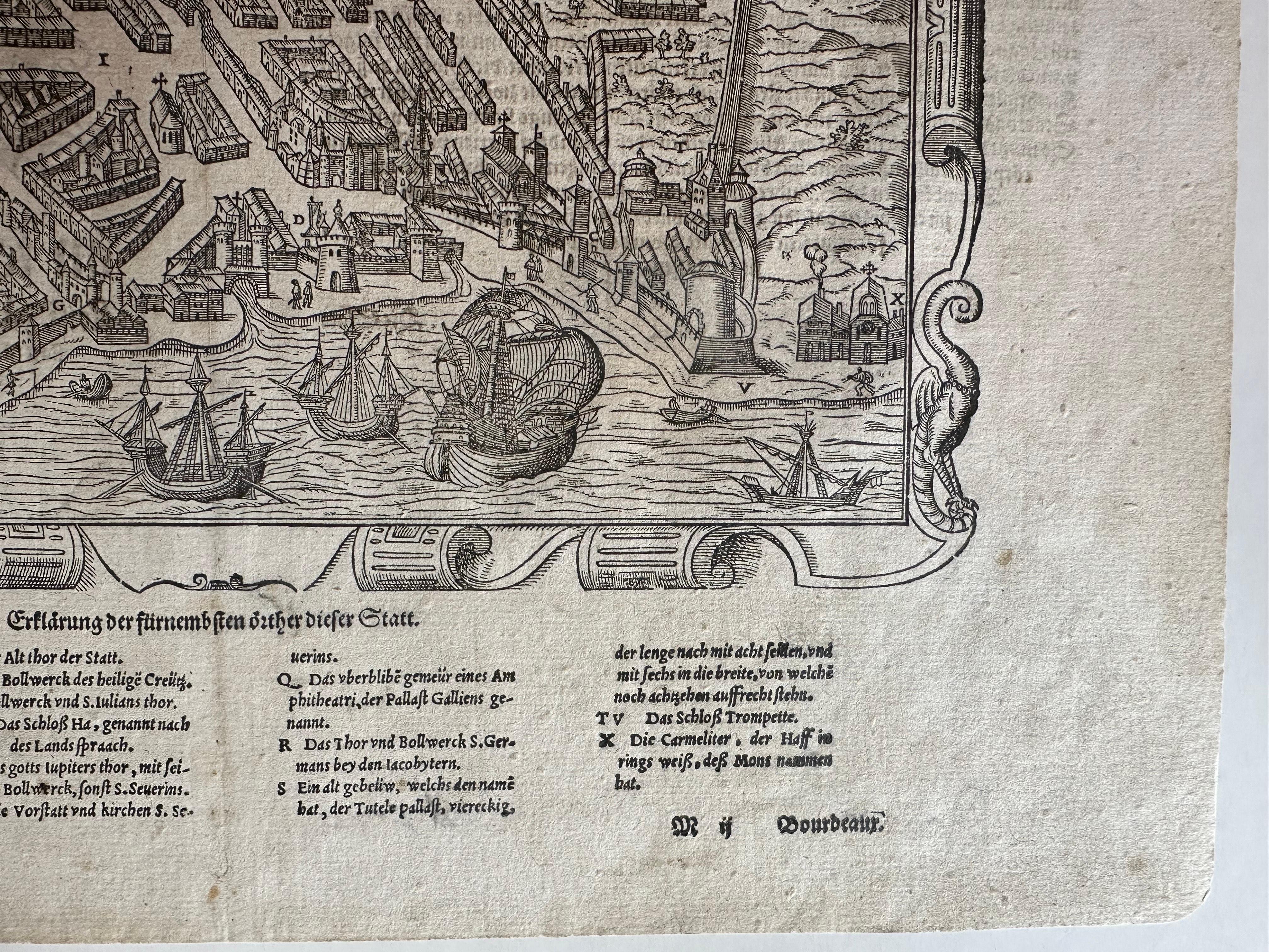 Fino al XVIII secolo Veduta della città di Bordeaux - xilografia originale di Braun & Hogenberg, 1575 ca. in vendita