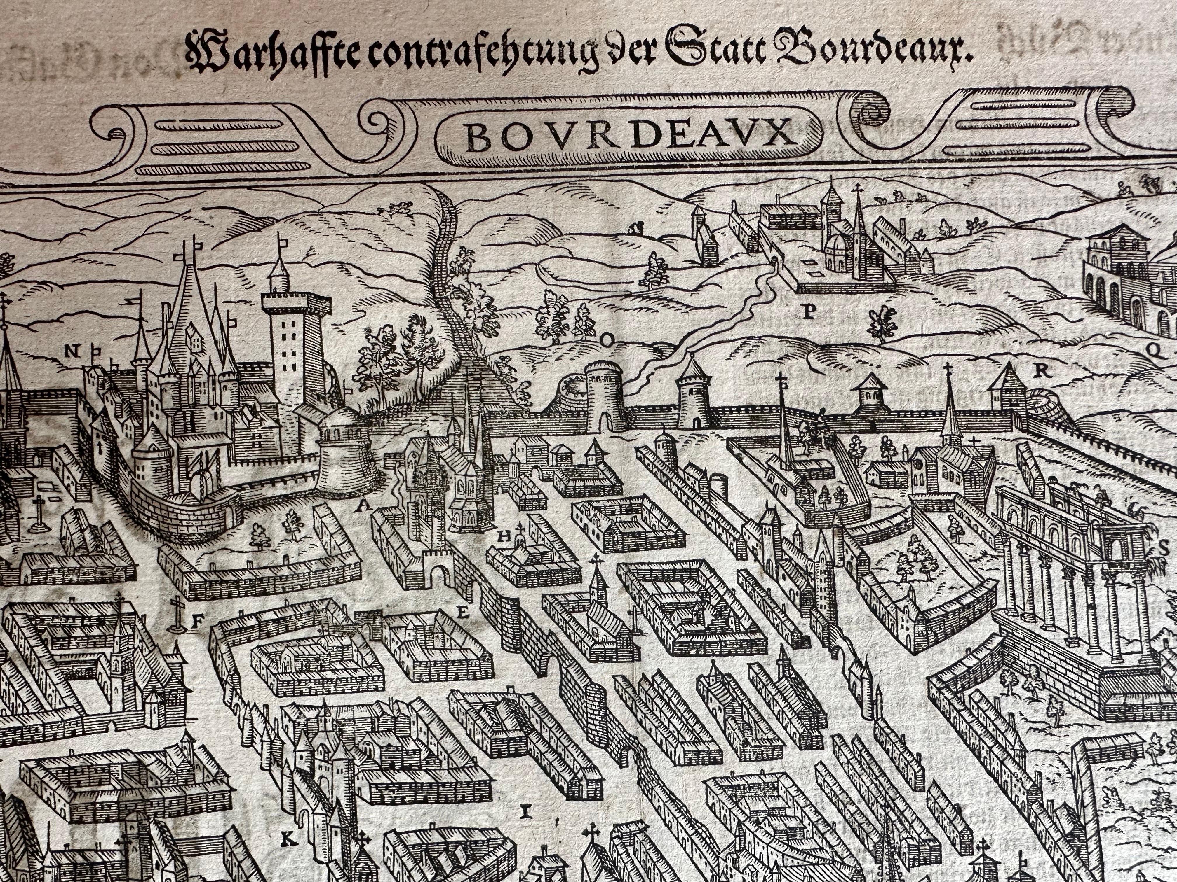 Carta Veduta della città di Bordeaux - xilografia originale di Braun & Hogenberg, 1575 ca. in vendita