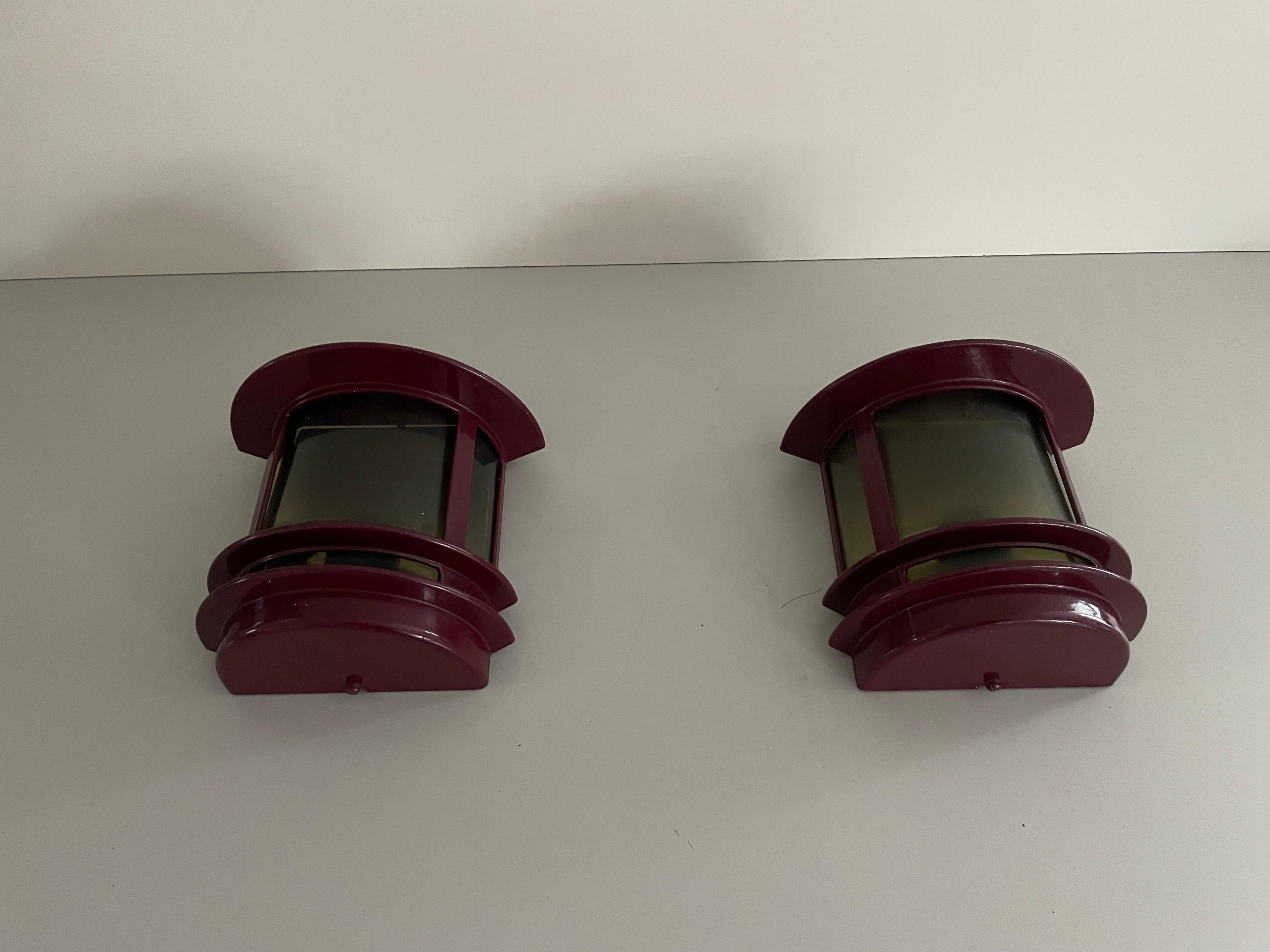 Space Age Bordeaux Colour Metal Pair of Outdoor Sconces, 1970s, Germany For Sale