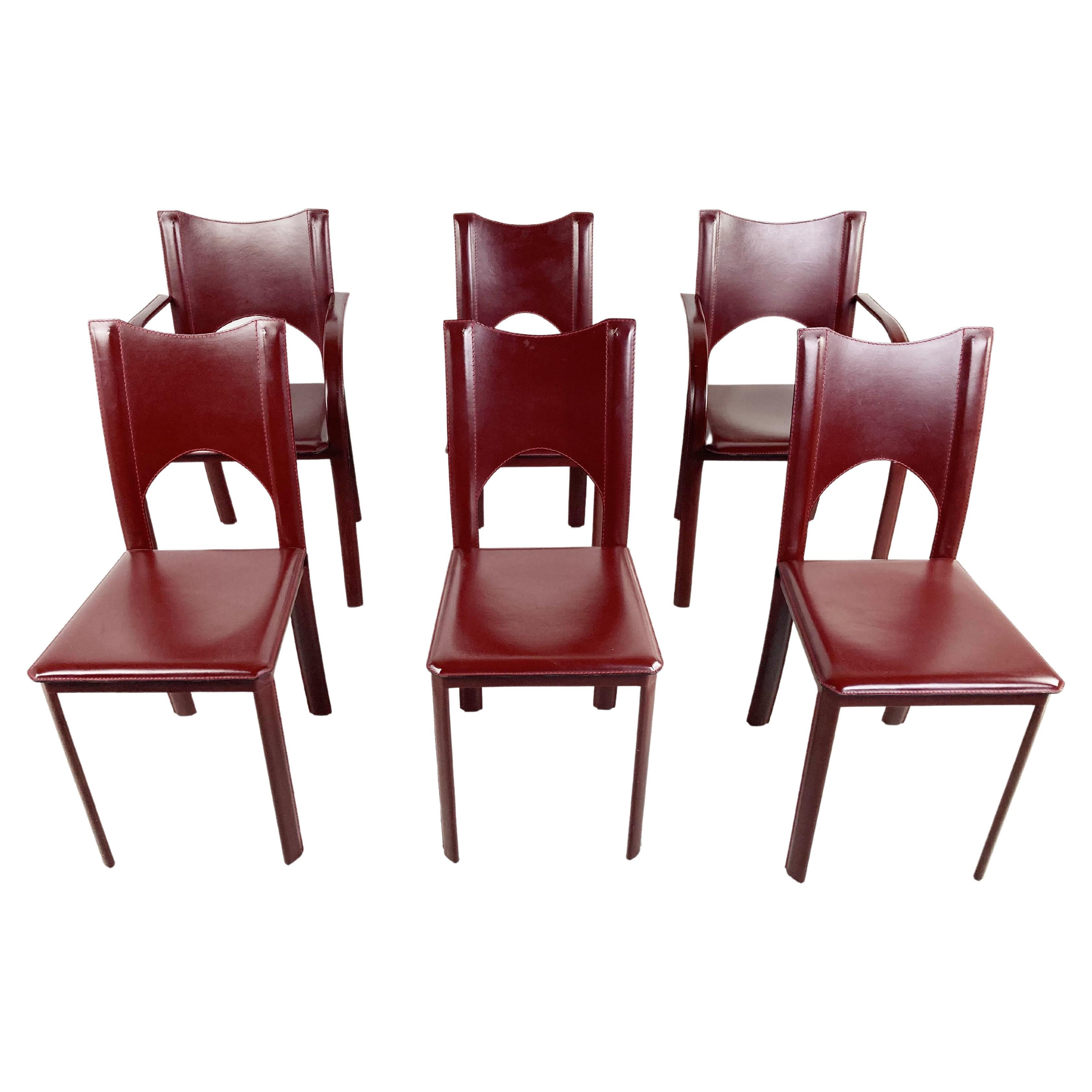 Red Leather Dining Chairs Made in Italy, 1980s, Set of 6 For Sale at