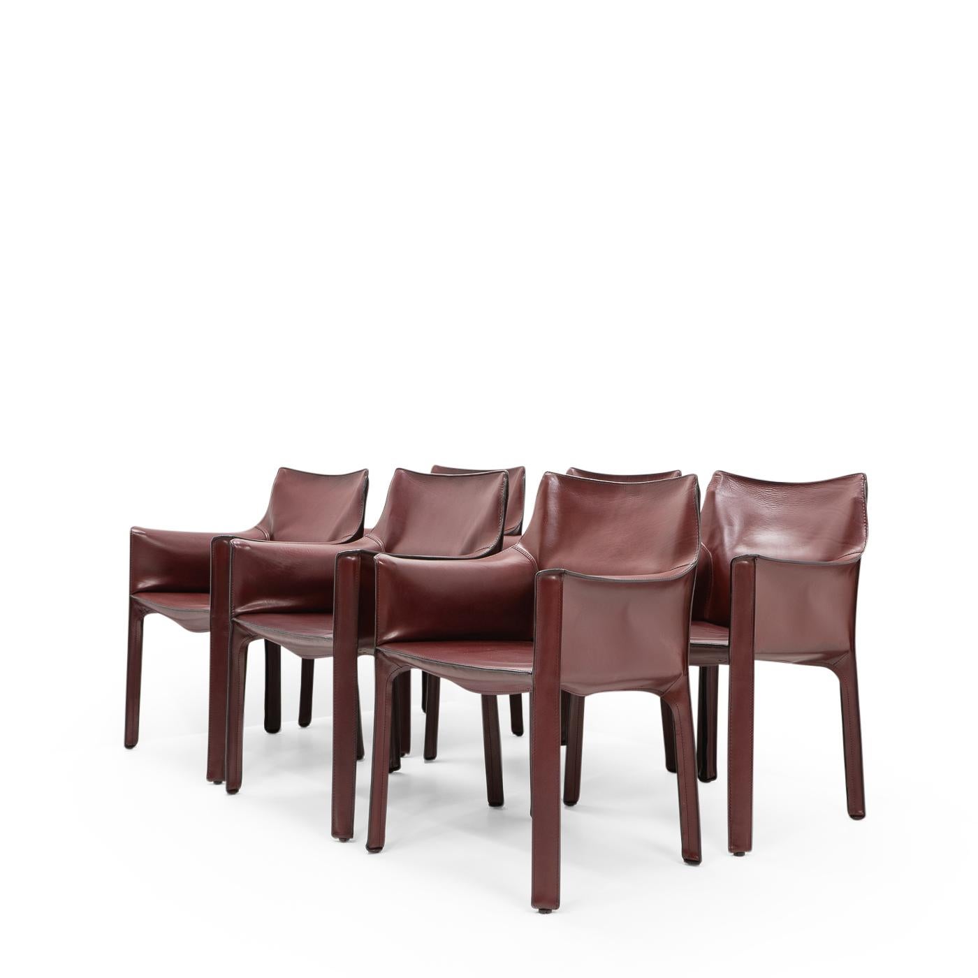 Italian Patinated Bordeaux Red Cab 413 Chairs by Mario Bellini for Cassina, Set of 6
