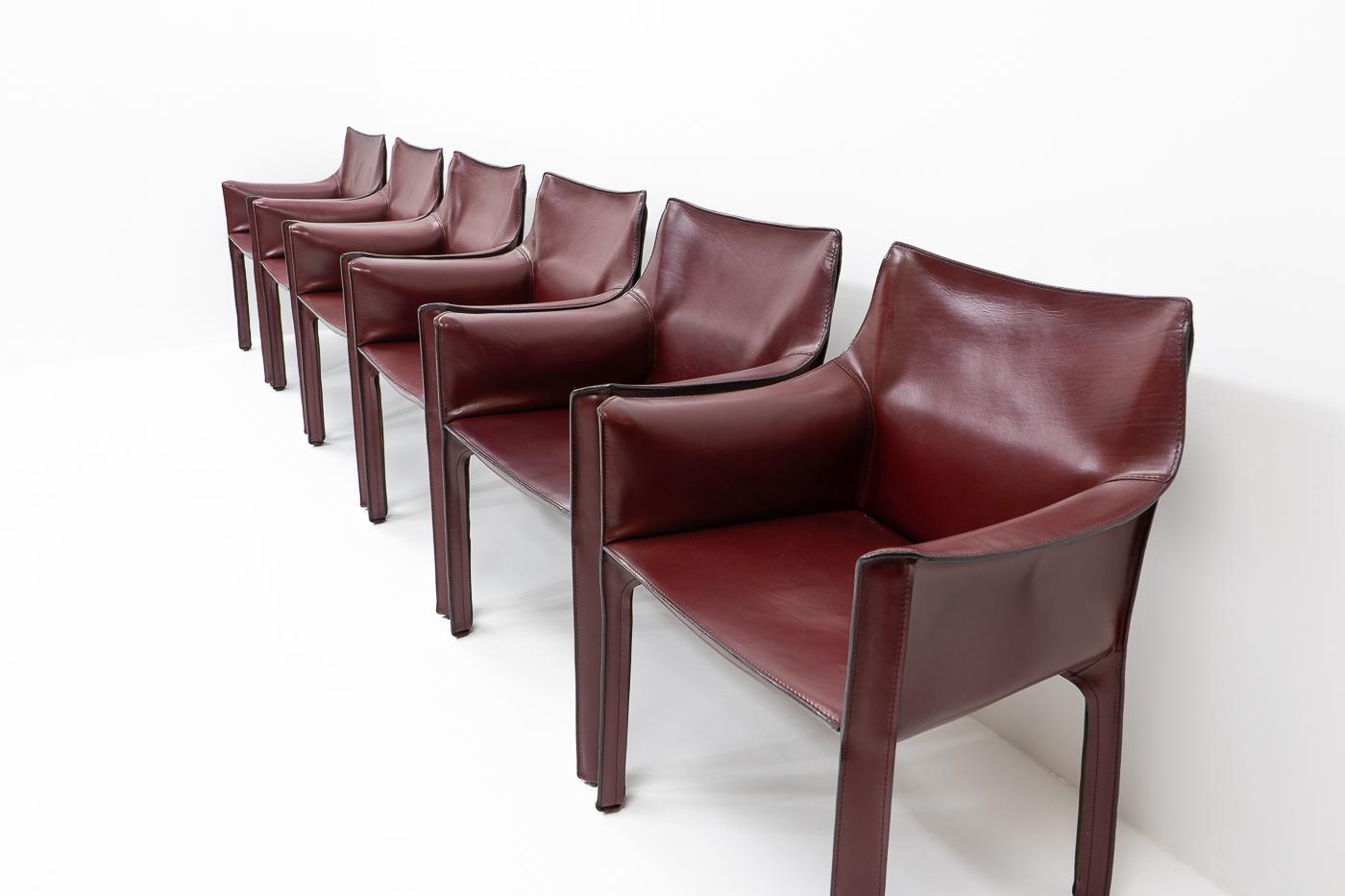 Metal Patinated Bordeaux Red Cab 413 Chairs by Mario Bellini for Cassina, Set of 6