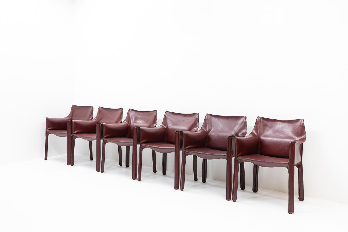 Patinated Bordeaux Red Cab 413 Chairs by Mario Bellini for Cassina, Set of 6 1