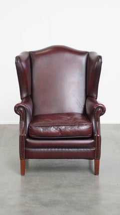 Bordeaux Red Cowhide Leather Wingback Chair in English Style