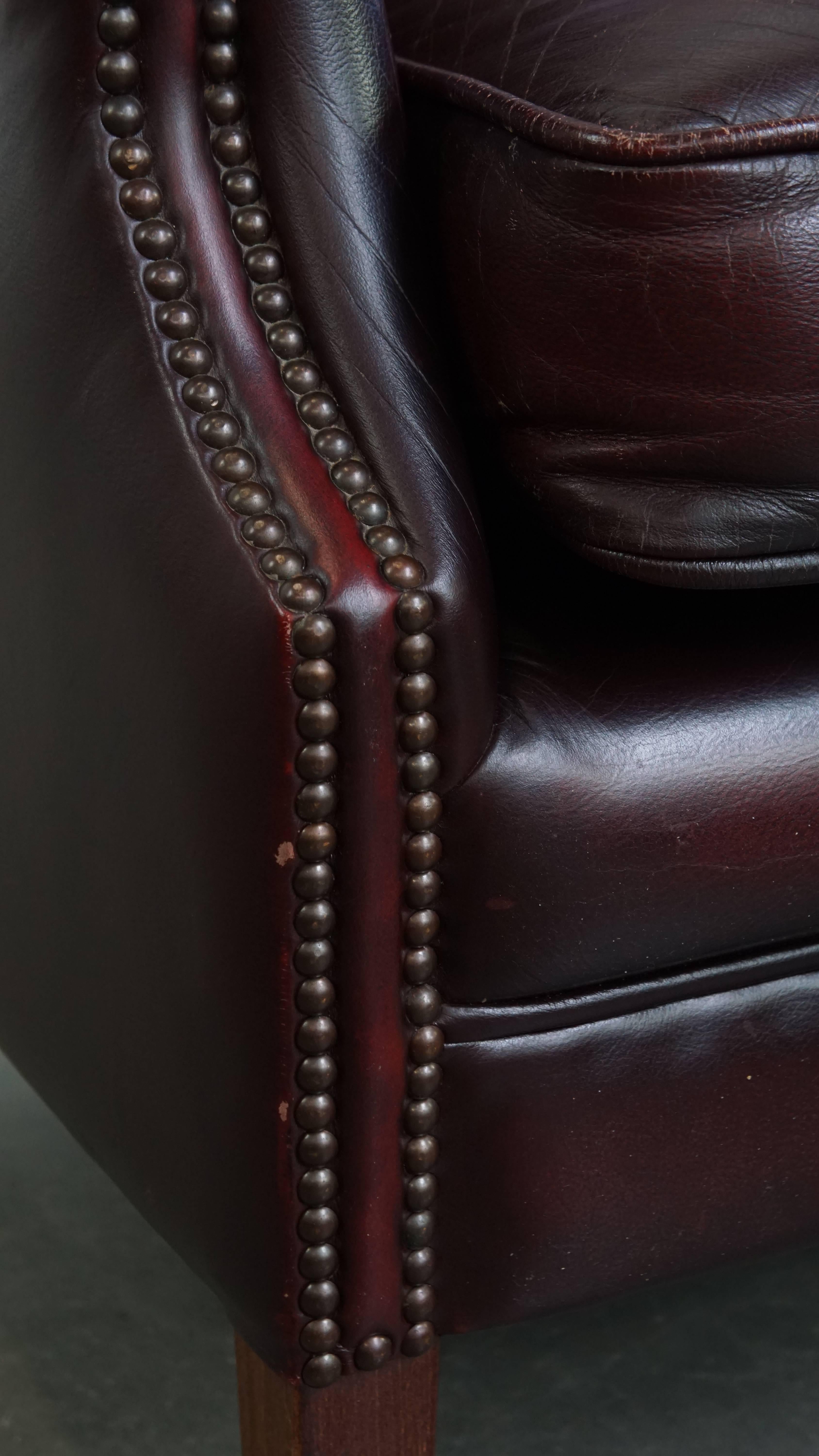 Bordeaux Red Cowhide Wingback Armchair + Ottoman in English Style For Sale 6