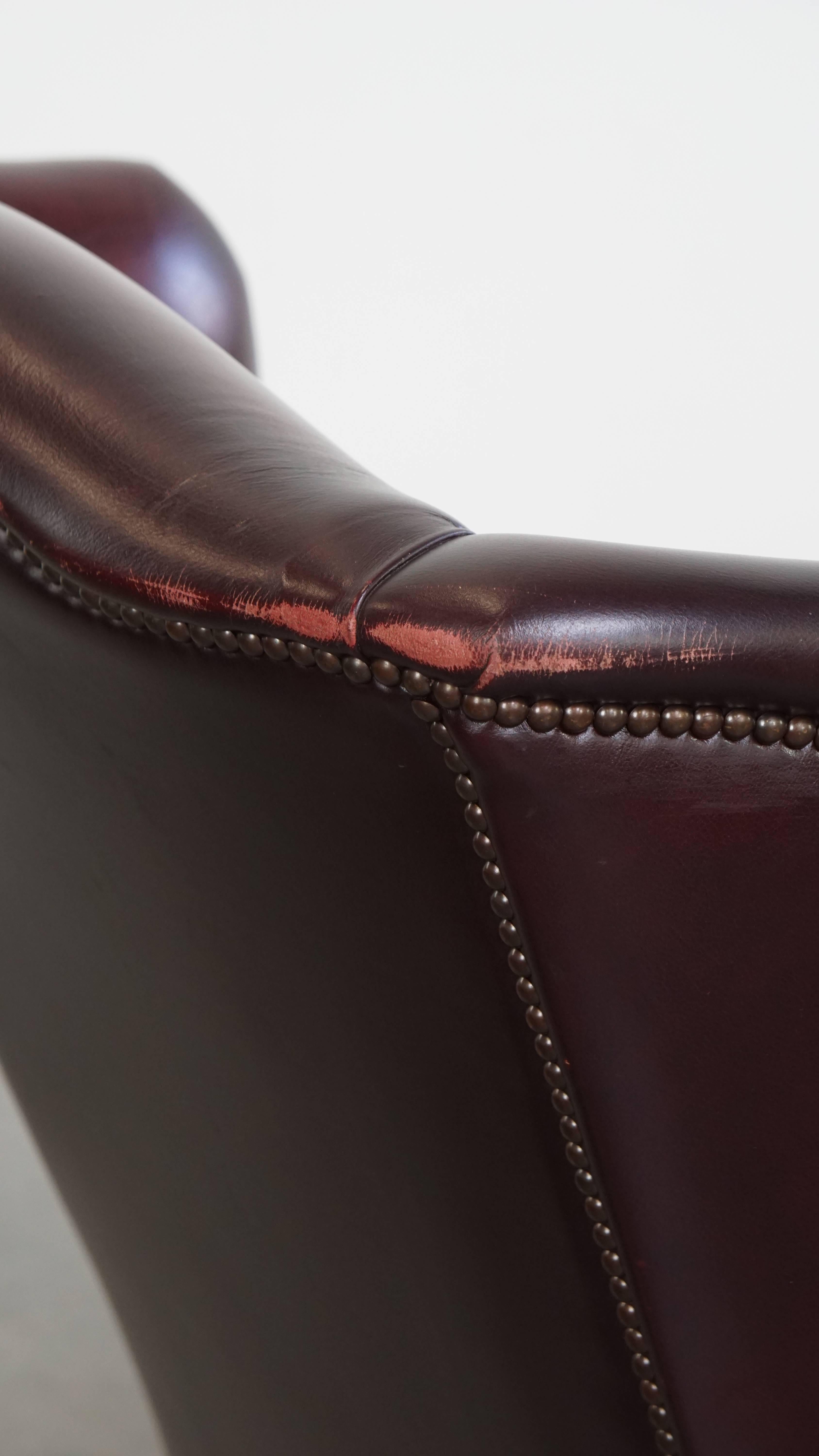 Bordeaux Red Cowhide Wingback Armchair + Ottoman in English Style For Sale 7