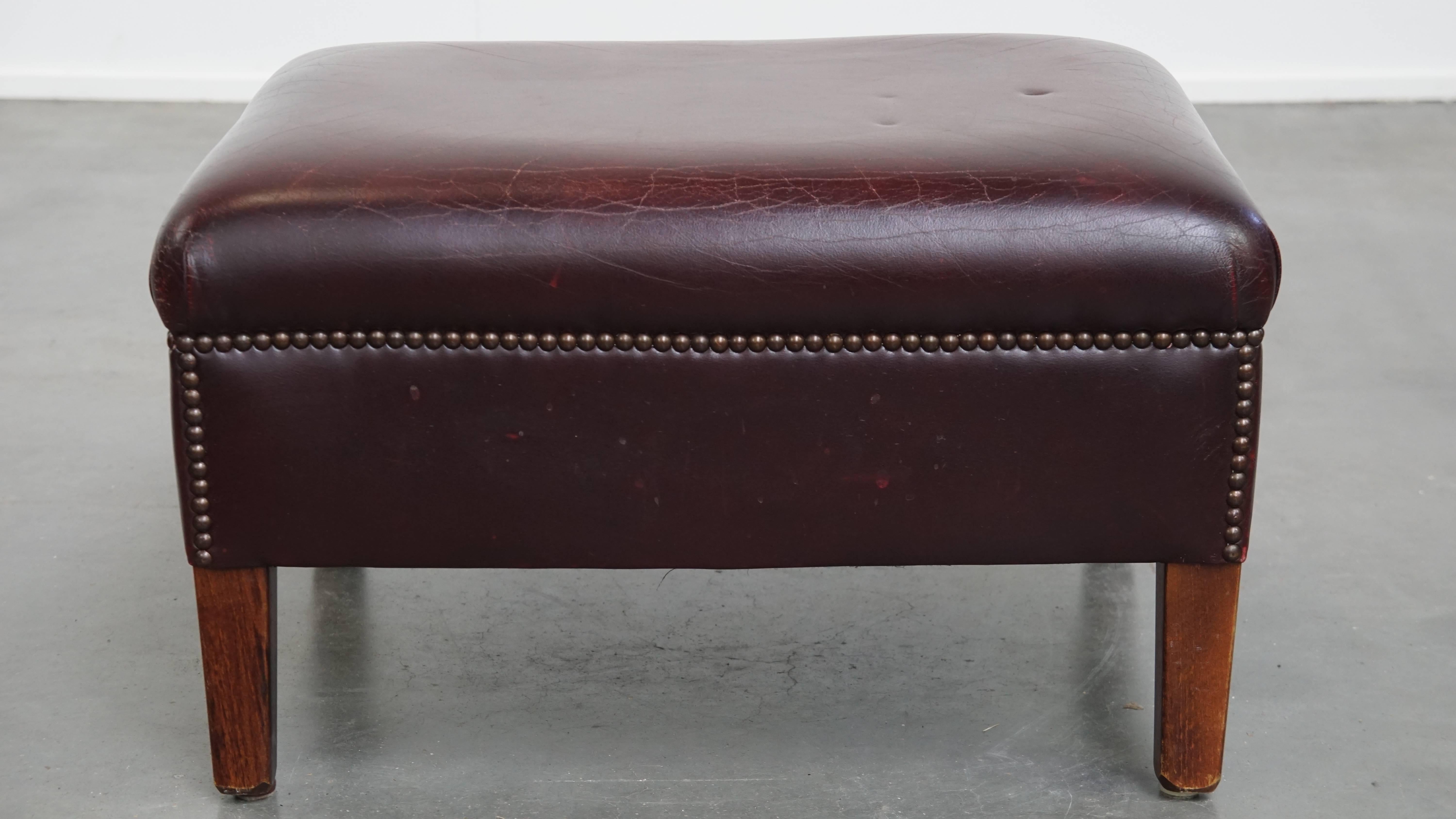 Bordeaux Red Cowhide Wingback Armchair + Ottoman in English Style For Sale 10