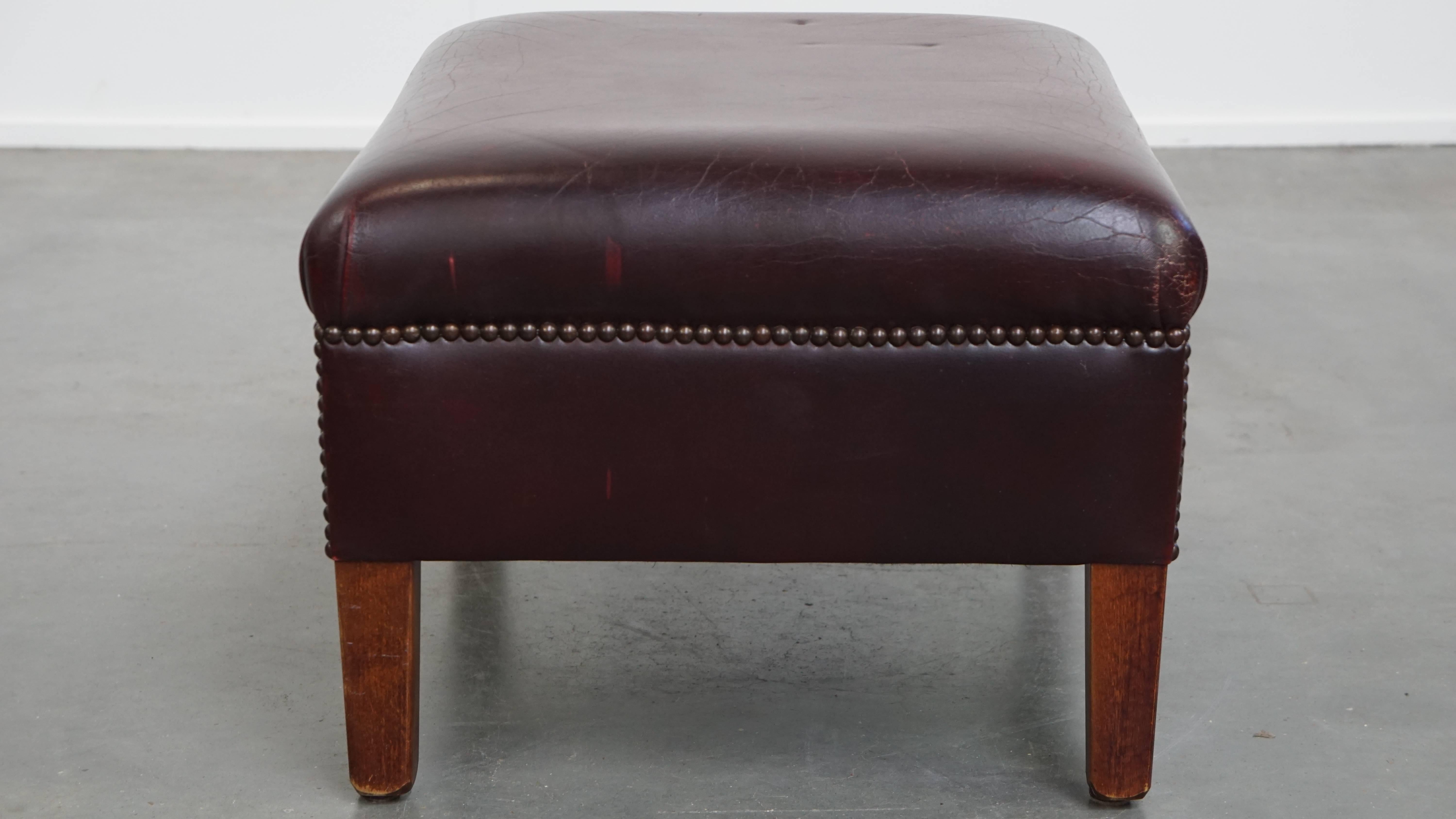 Bordeaux Red Cowhide Wingback Armchair + Ottoman in English Style For Sale 11
