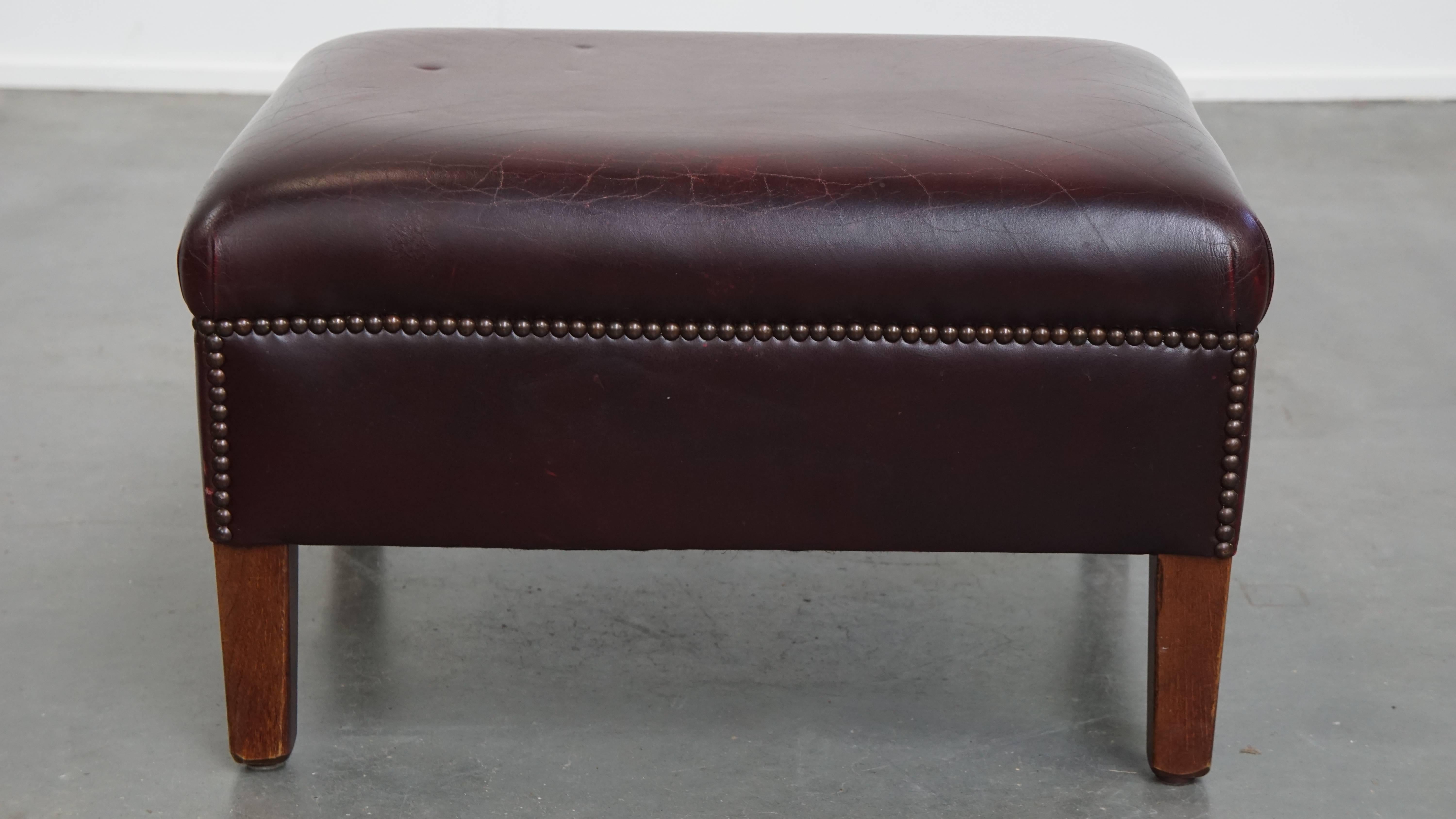 Bordeaux Red Cowhide Wingback Armchair + Ottoman in English Style For Sale 12