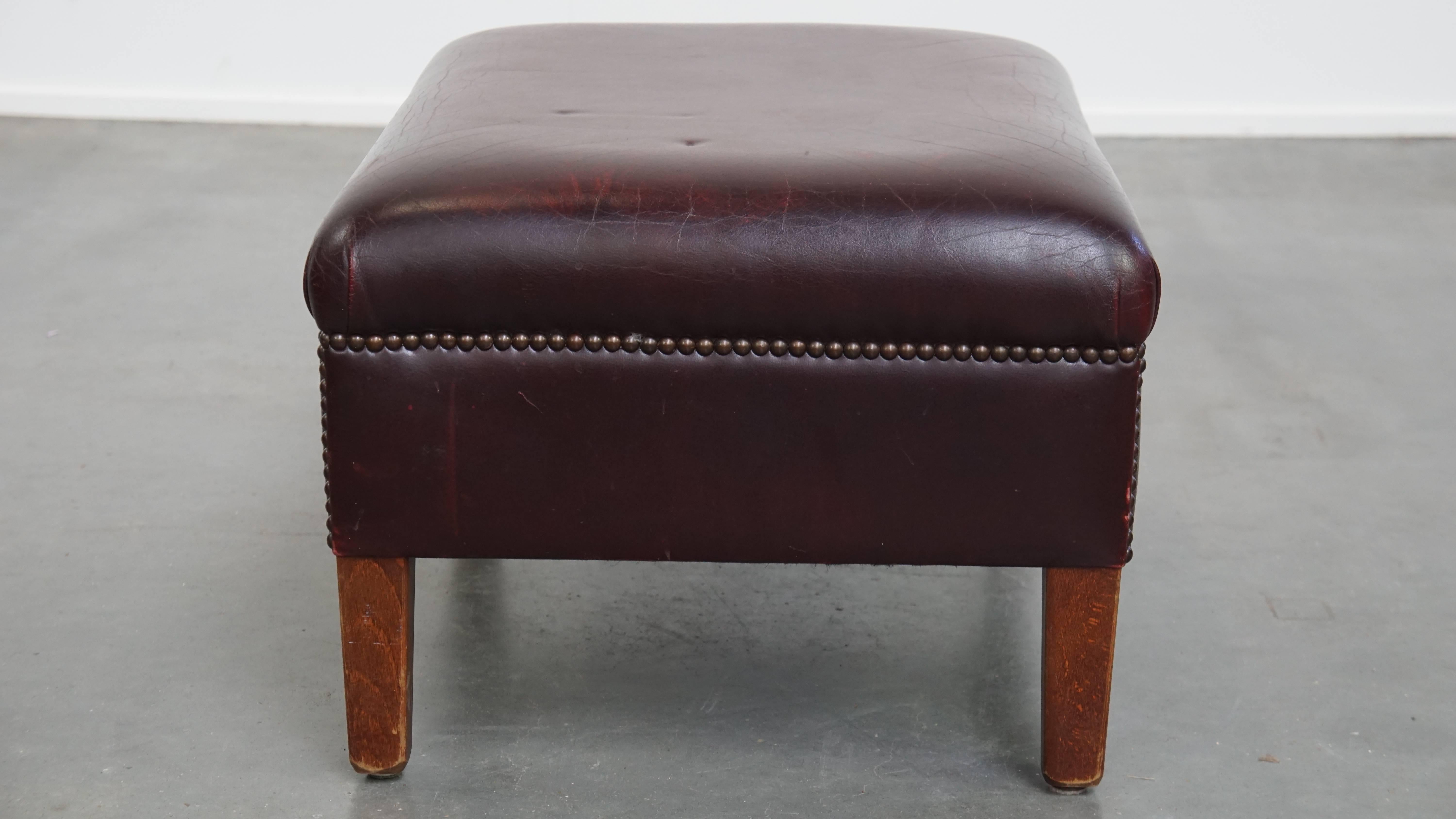 Bordeaux Red Cowhide Wingback Armchair + Ottoman in English Style For Sale 13