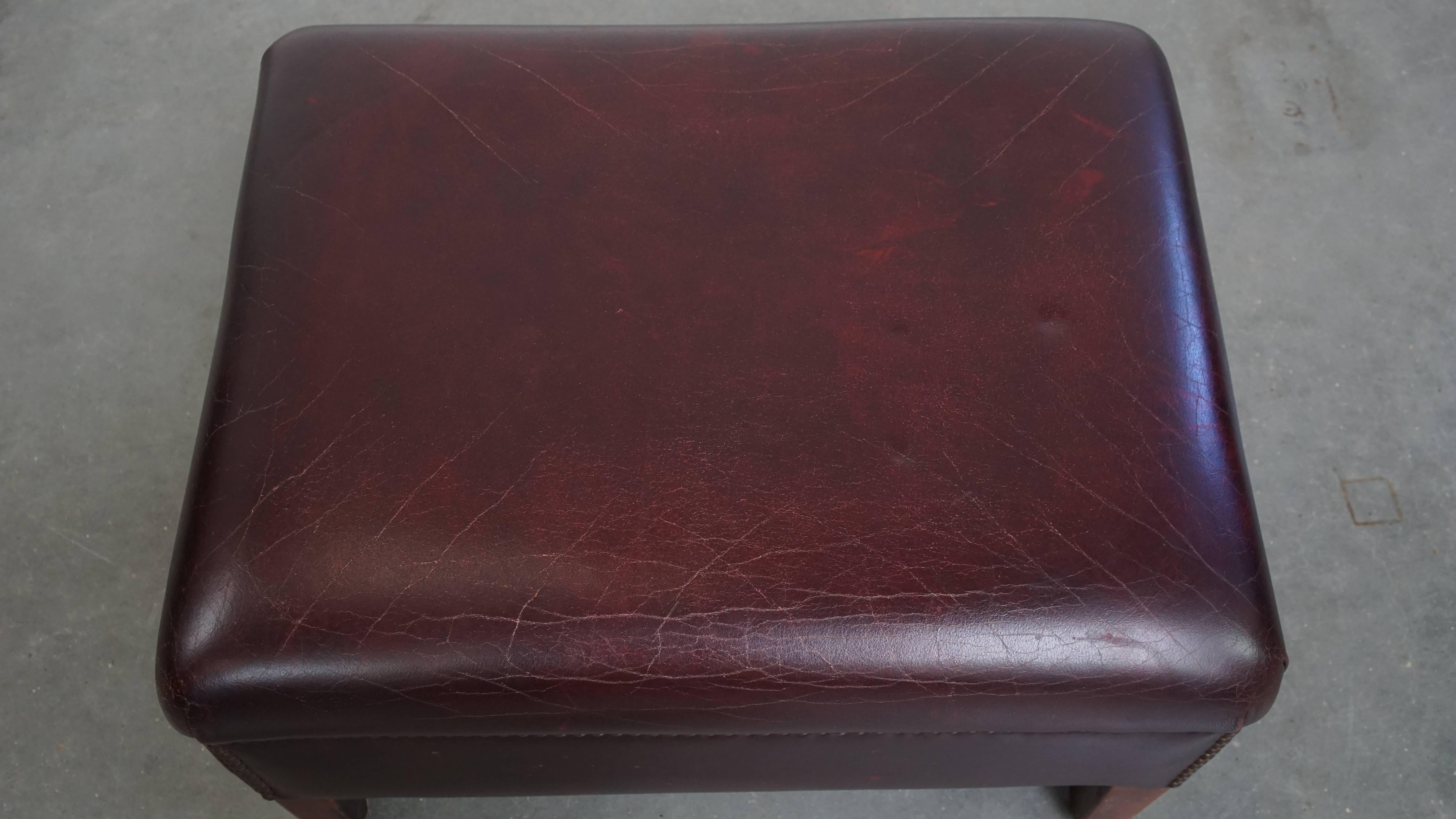 Bordeaux Red Cowhide Wingback Armchair + Ottoman in English Style For Sale 14