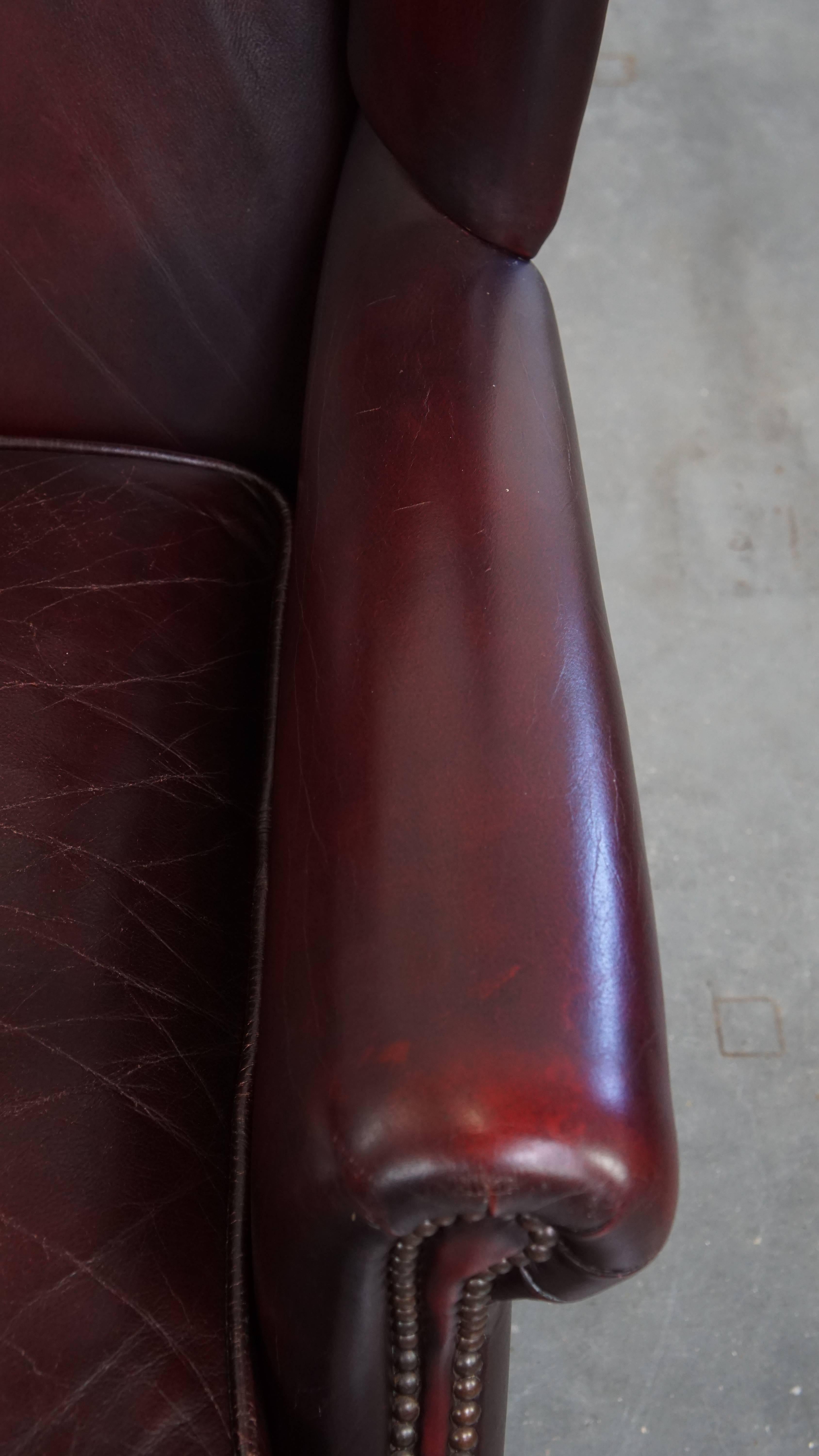 Bordeaux Red Cowhide Wingback Armchair + Ottoman in English Style For Sale 2