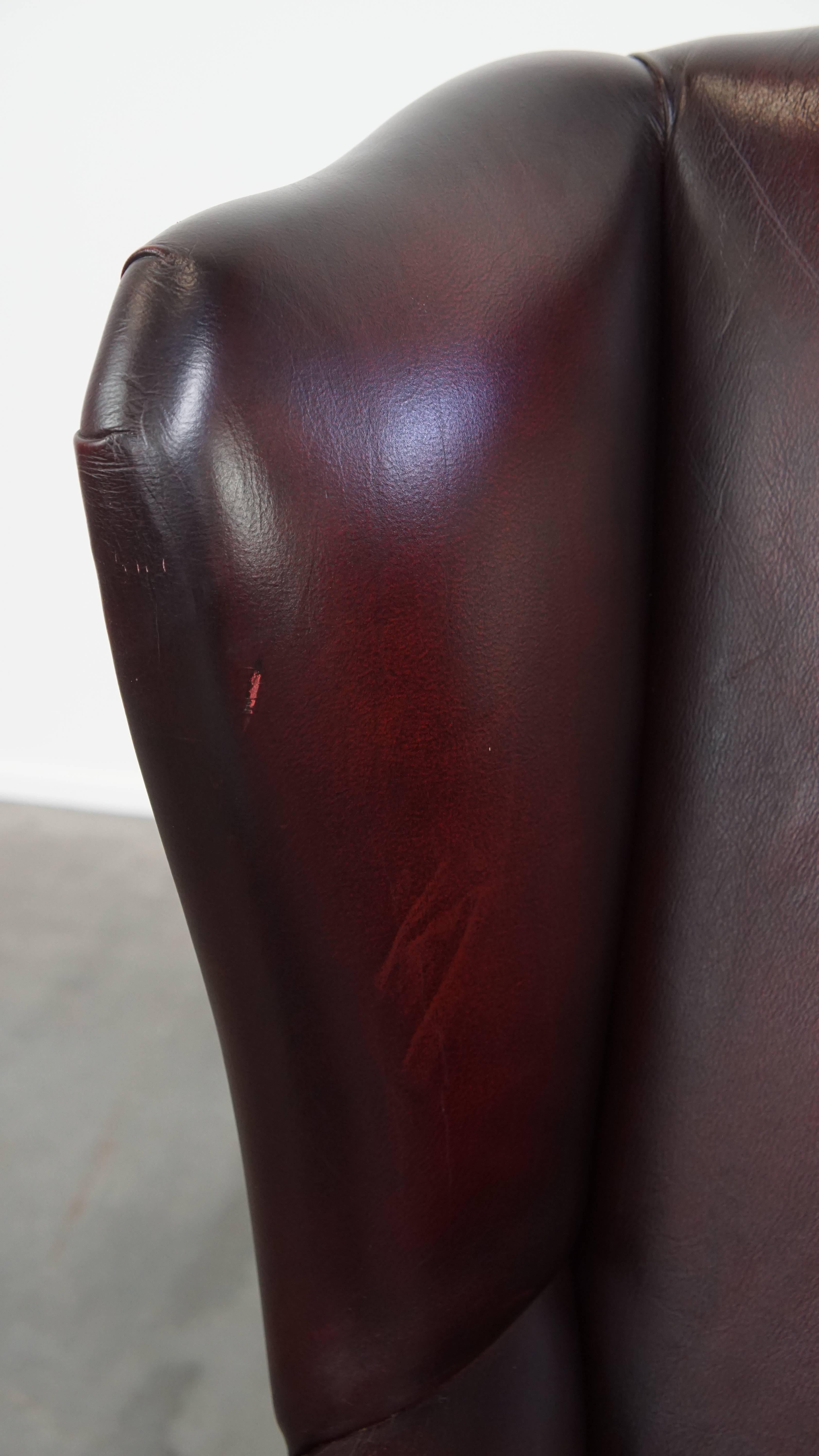 Bordeaux Red Cowhide Wingback Armchair + Ottoman in English Style For Sale 3