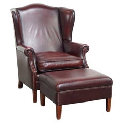 Bordeaux Red Cowhide Wingback Armchair + Ottoman in English Style