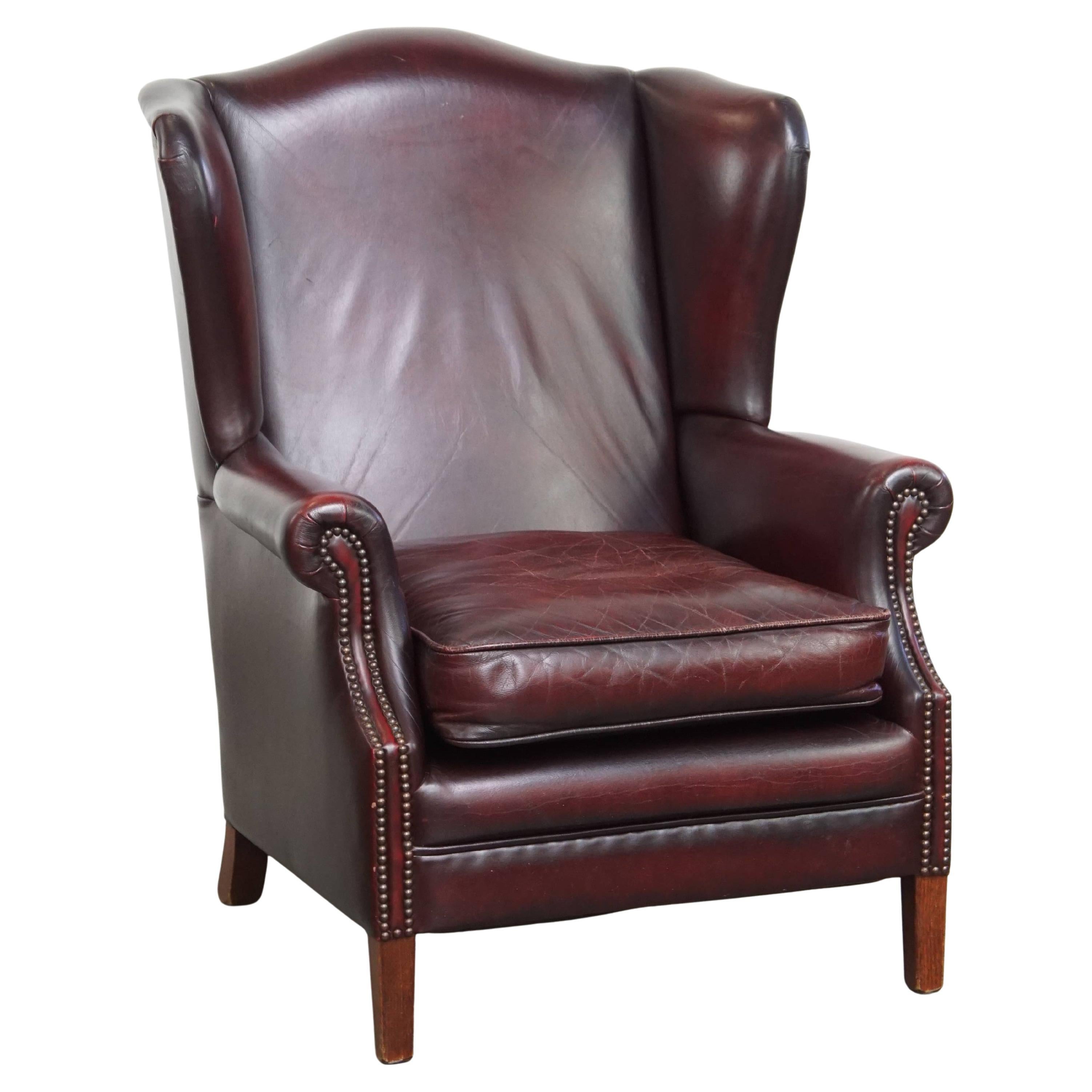 Bordeaux Red Cowhide Wingback Chair in English Style