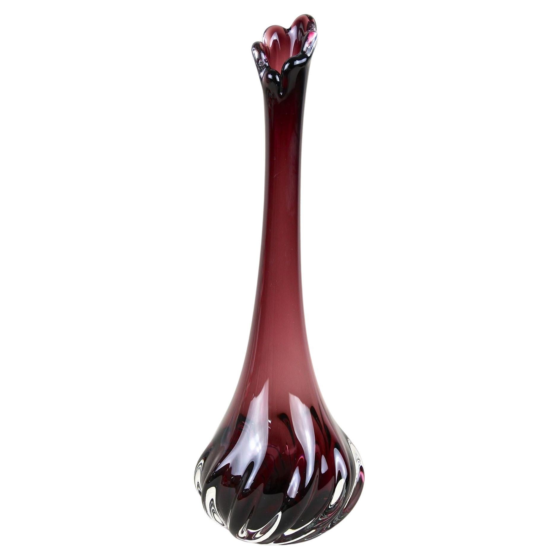 Bordeaux Red Murano Glass Long Neck Vase, 20th Century, Italy circa 1970 For Sale