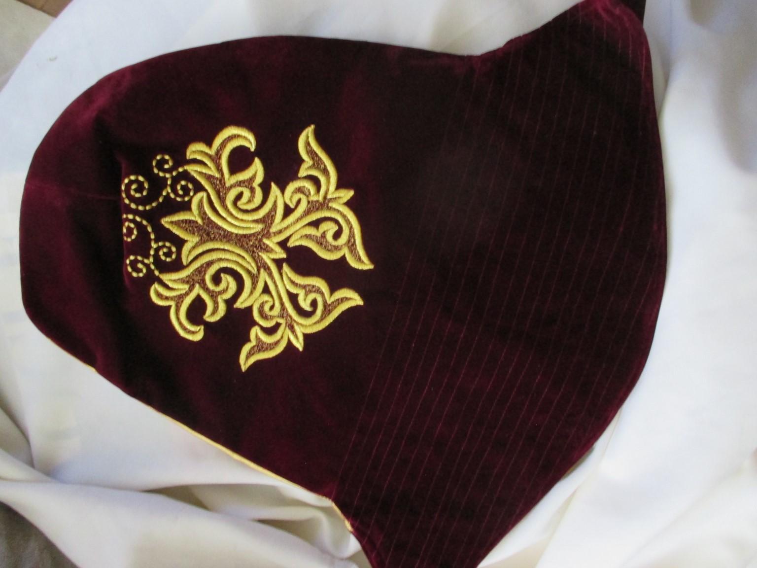 Bordeaux Red Velvet Gold Brocade Coat and Hat For Sale 3