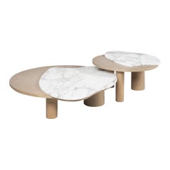 Bordeira Nesting Coffee Tables Set of 2, Calacatta Strong Vein and Grey Oak