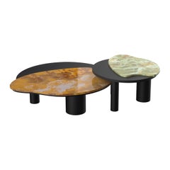 Bordeira Nesting Coffee Tables Set of 2, Orange and Green Onyx and Black Oak