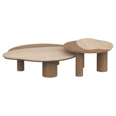 Bordeira Nesting Coffee Tables Set of 2, Travertine and Chocolate Oak