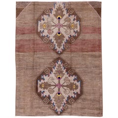 Borderless Light Brown Oushak Scatter Rug, Small Purple and Yellow Accents