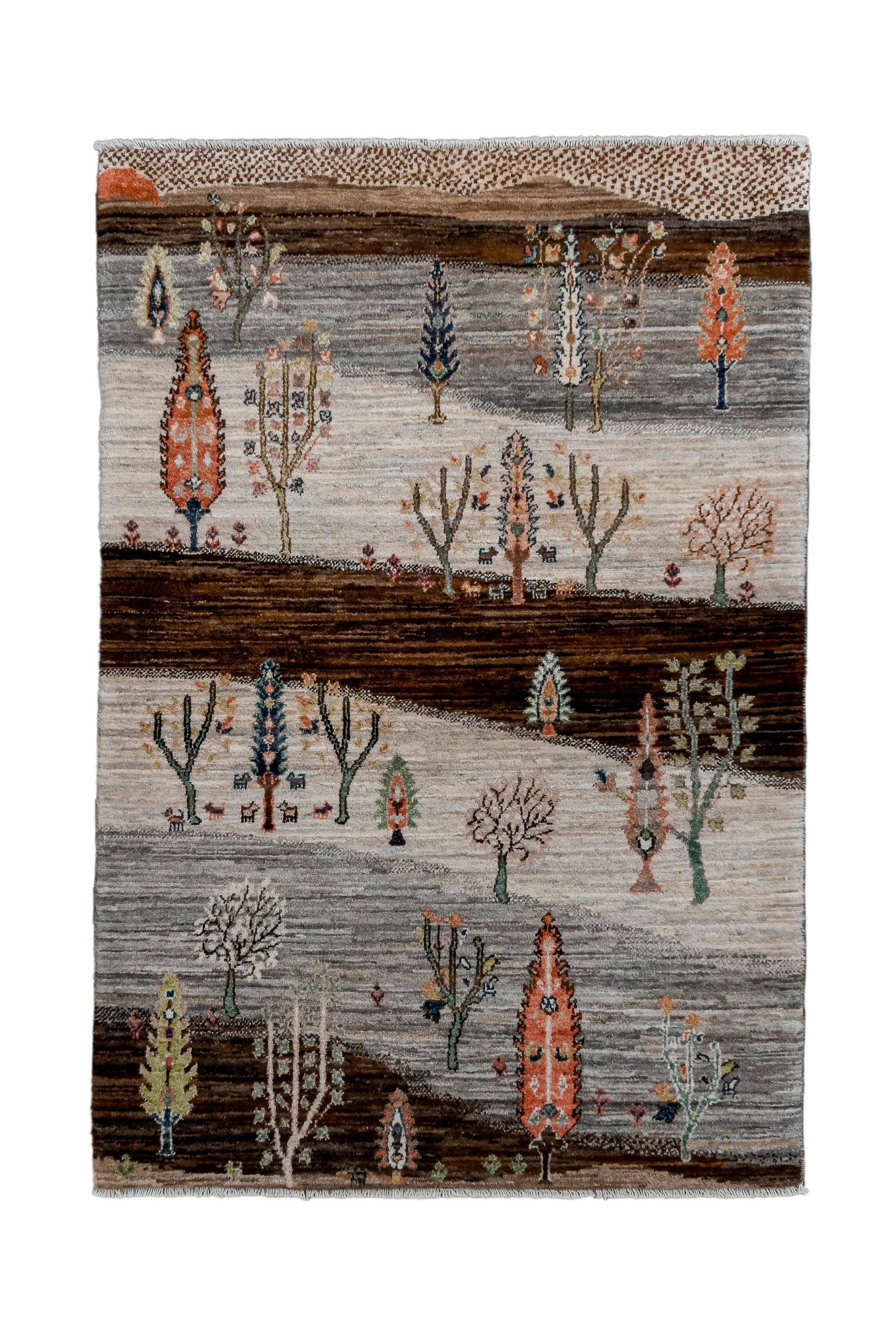 This borderless tribal scatter shows a tilted, sparsely wooded landscape in abrashed shades of red, ecru and green. A few cypresses stand out from the bare deciduous trees. Moderate tribal weave on cotton. As new condition.

Rug Size
3'5x5