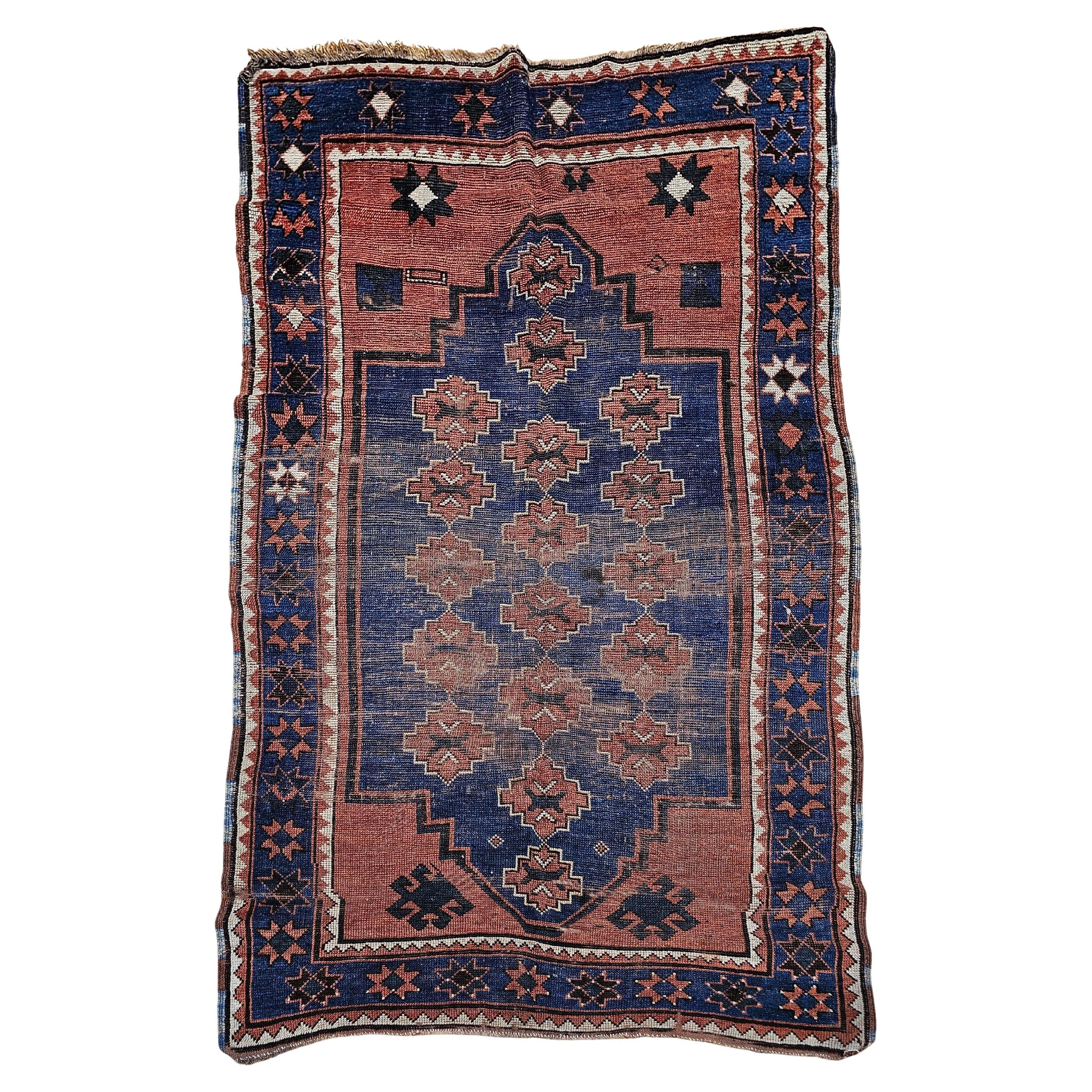 19th Century Caucasian Kazak Bordjalou Rug in Abrash Blue