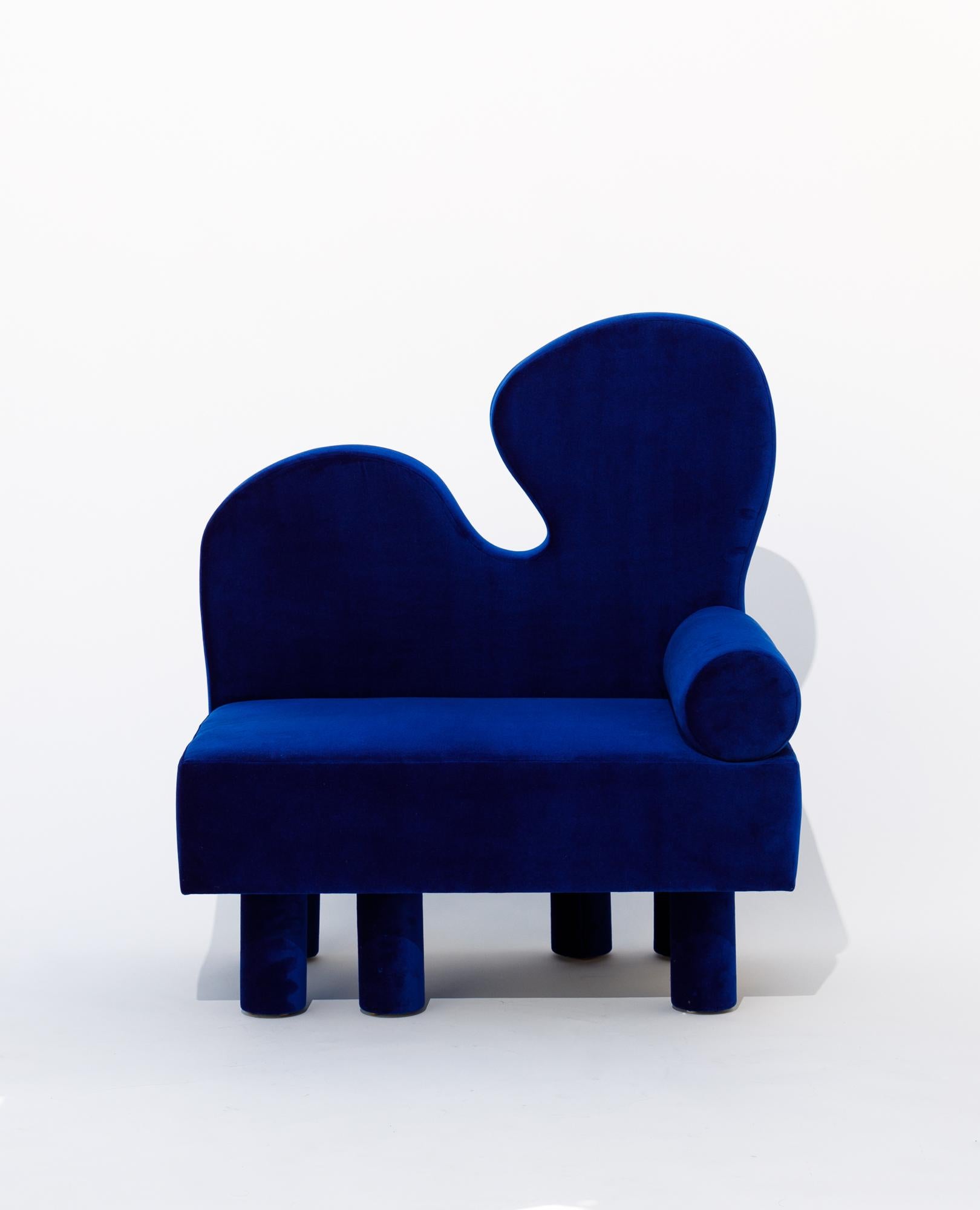 Post-Modern Bordon chair by Another Human, Blue Velvet Contemporary Lounge Chair For Sale