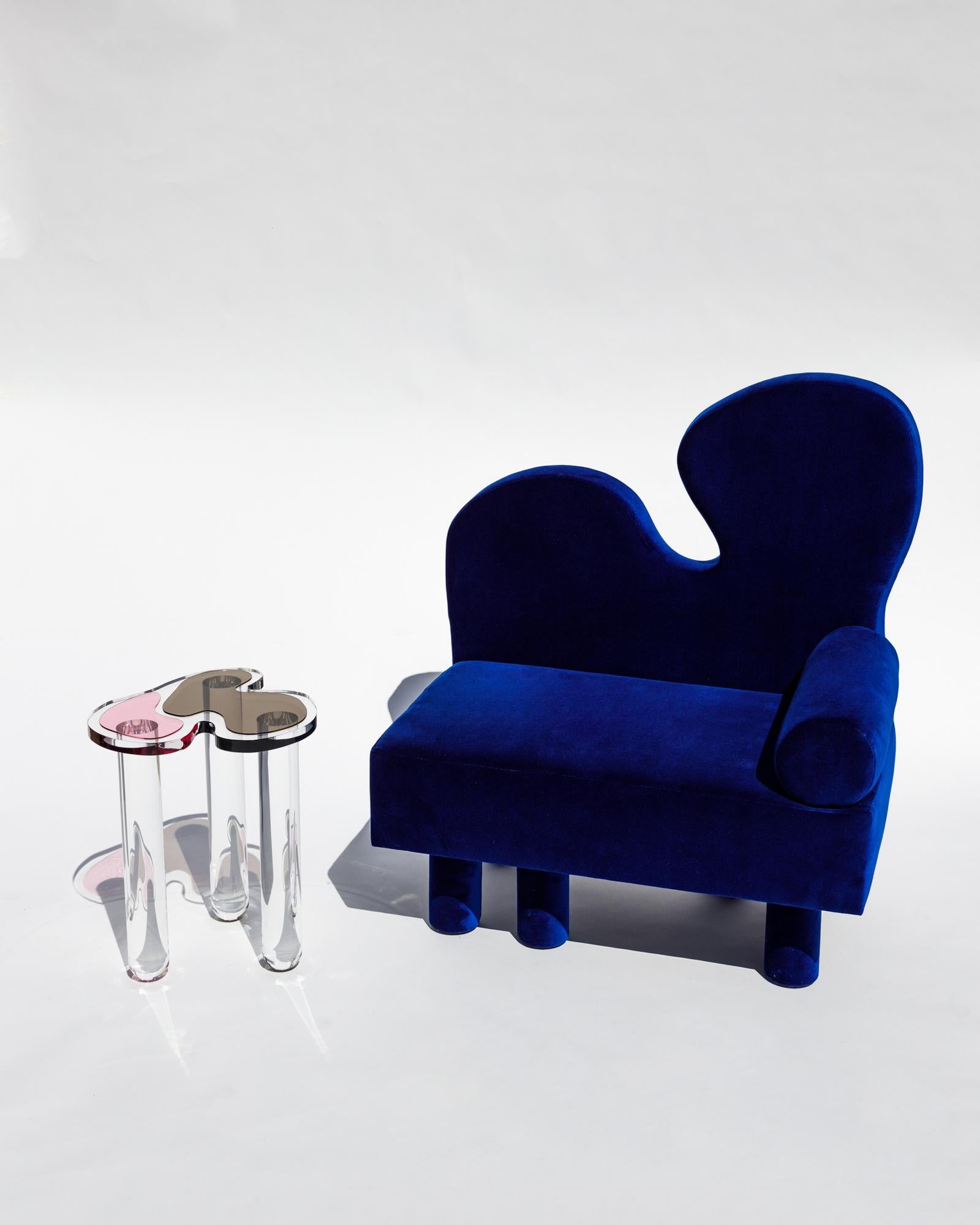 Bordon chair by Another Human, Blue Velvet Contemporary Lounge Chair In New Condition For Sale In Los Angeles, CA