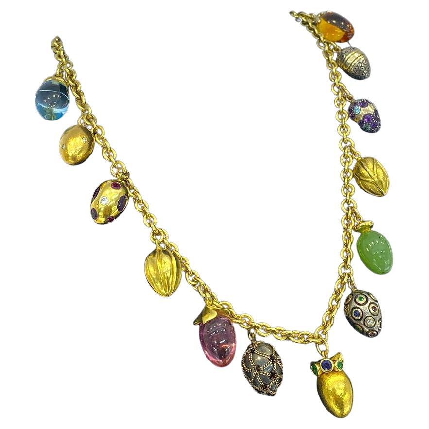 Boregaard 18K Yellow Gold Faberge Eggs Gemstone Charm Necklace For Sale