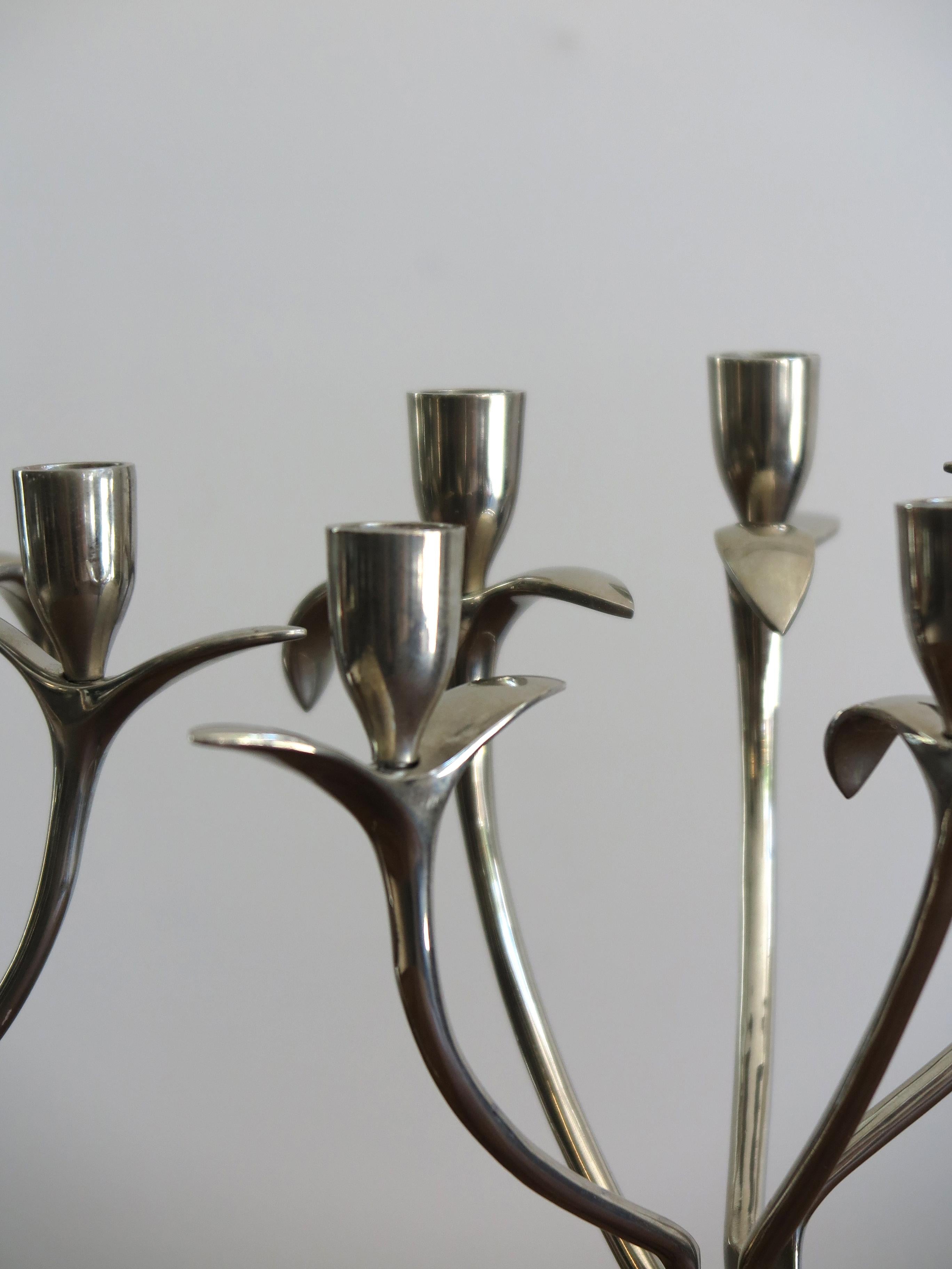 Amazing and rare candleholders model Antonietta designed by artist Borek Sipek for Driade Italia in 1980 with five brass arms with polished nickel finish.
Original manufacturing label.
Available only one.

Please note that the items are original