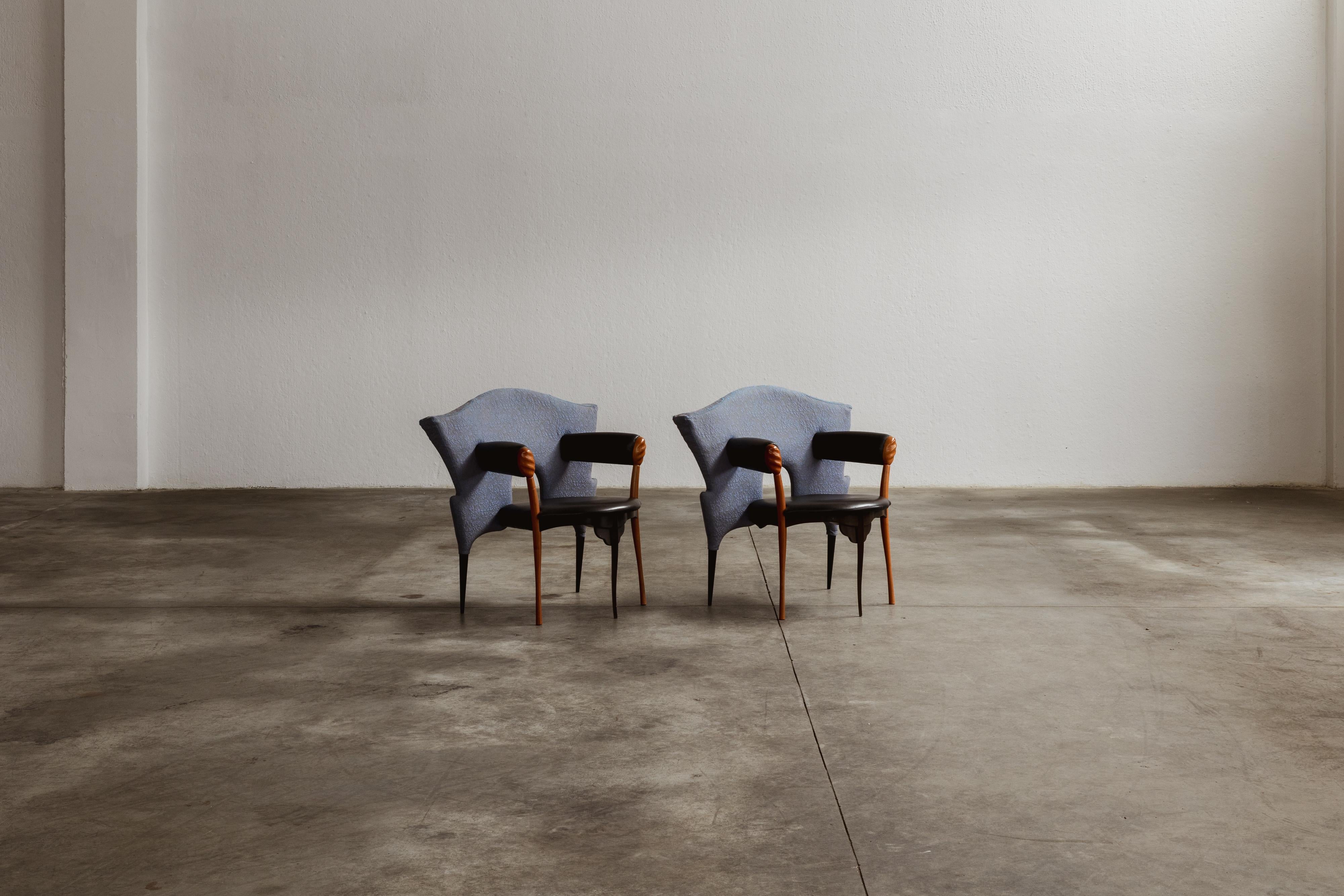 Borek Sipek ”Prosim Sedni” / “Papillon Chair” armchairs for Driade, wood, leather and brocade, Italy, 1987, set of two.

Emerging from the creative mind of Sipek in 1987, Papillon/Prosim Sedni for Driade are rare and iconic pieces that invite you to