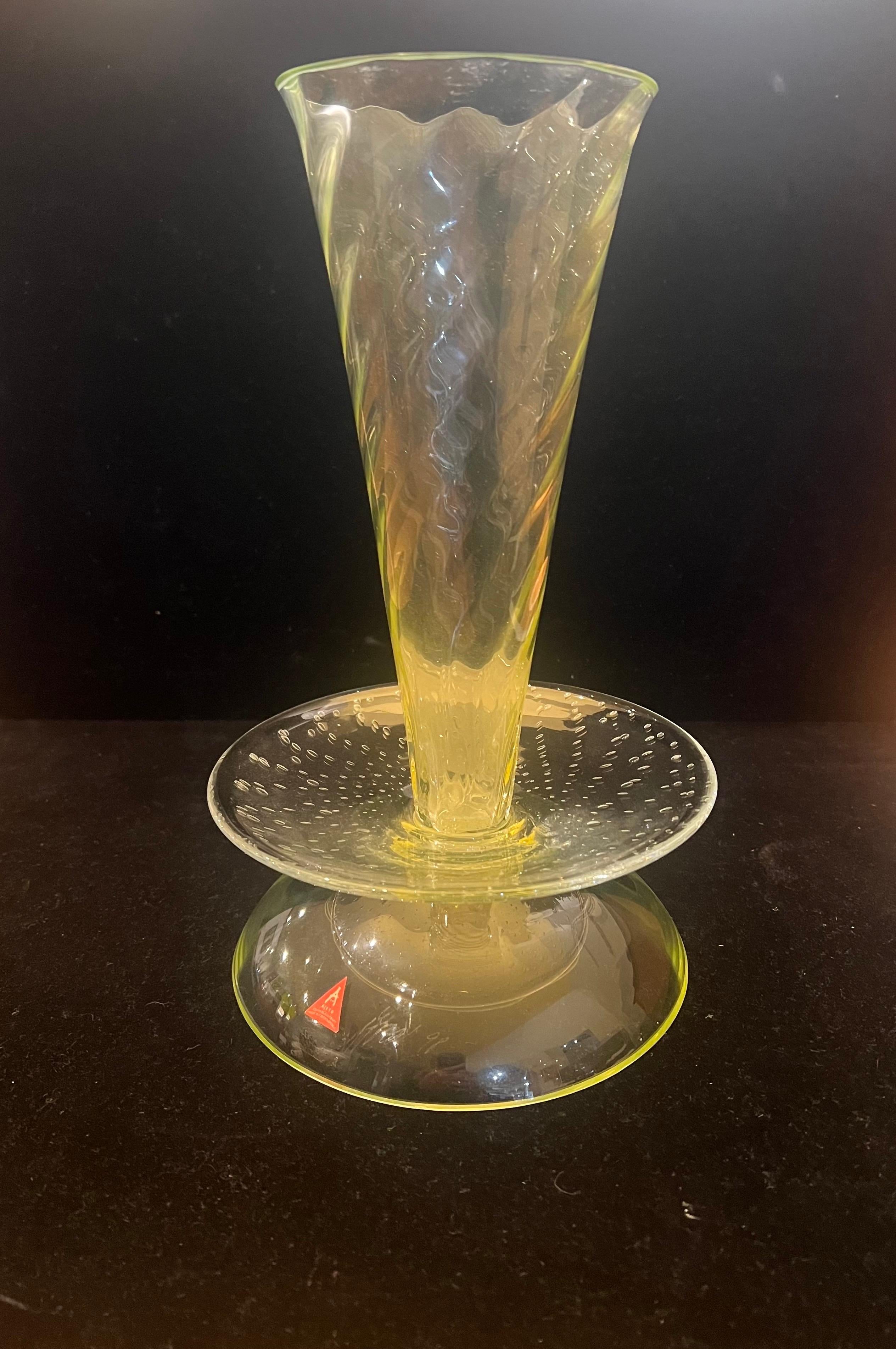 Beautiful and rare uranium glass delicate vase by Borek Sipek Signed & dated 1989, for Ajeto Glass factory.