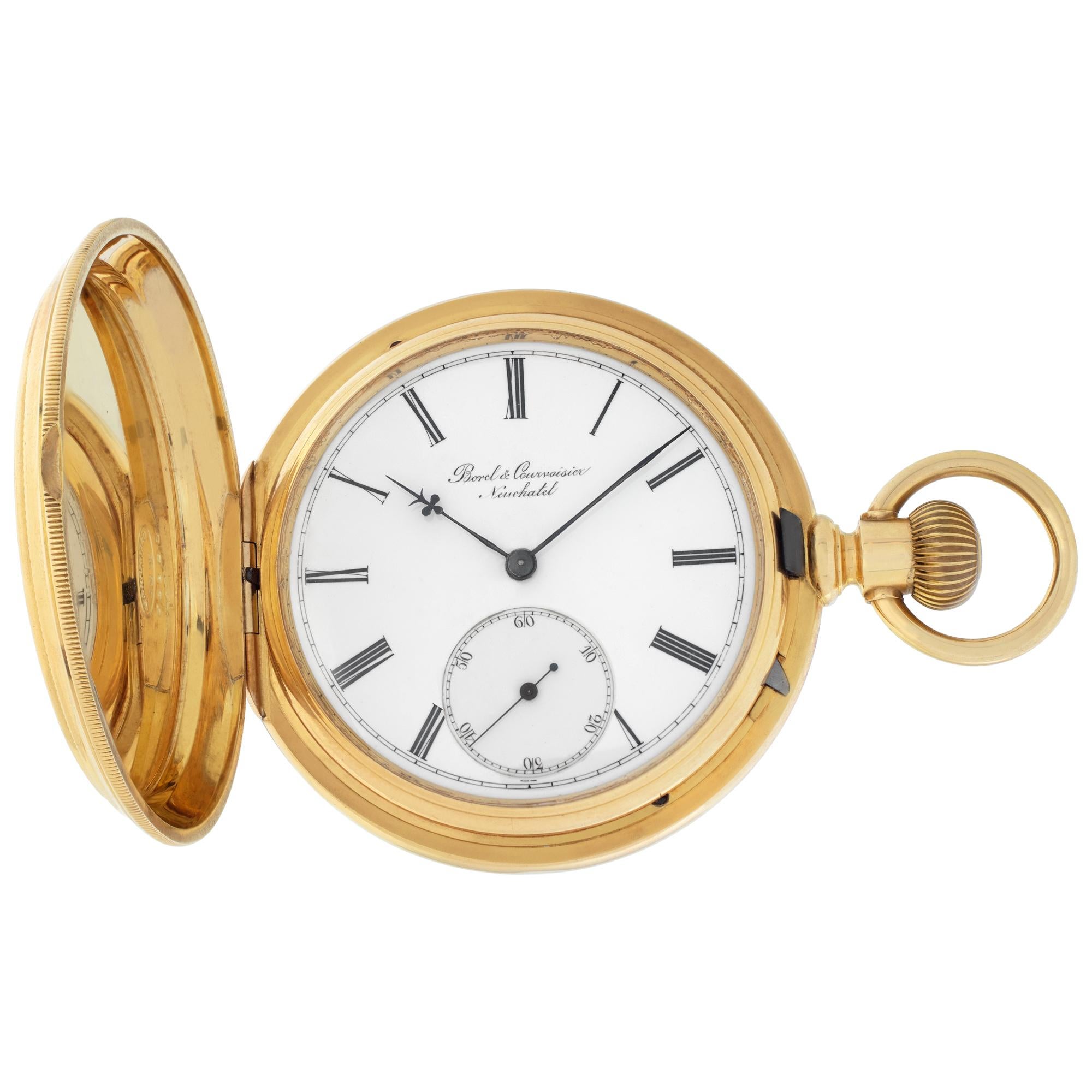 Borel & Courvoisier high grade Neuchatel Swiss hunting case pocket watch in 18k with Breguet hairspring. Manual w/ subseconds. Circa 1890. Fine Pre-owned Borel & Courvoiser Watch. Certified preowned Vintage Borel & Courvoiser pocket watch watch is