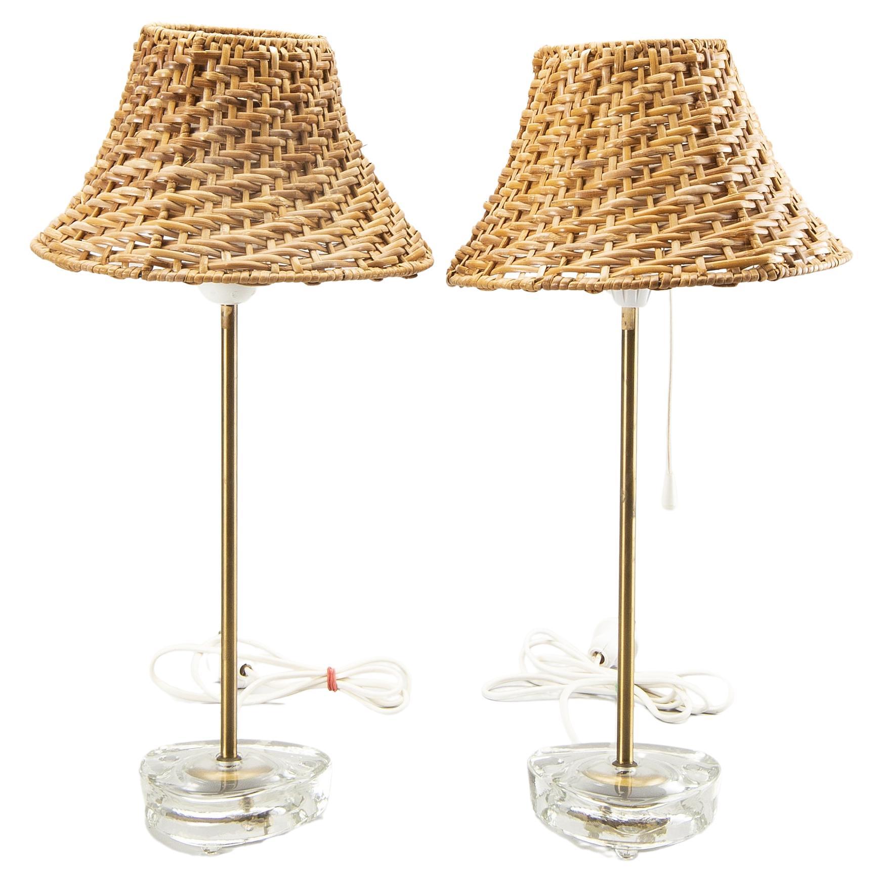 Boréns Boras table Lamps Glass with original straw shade Sweden 1960