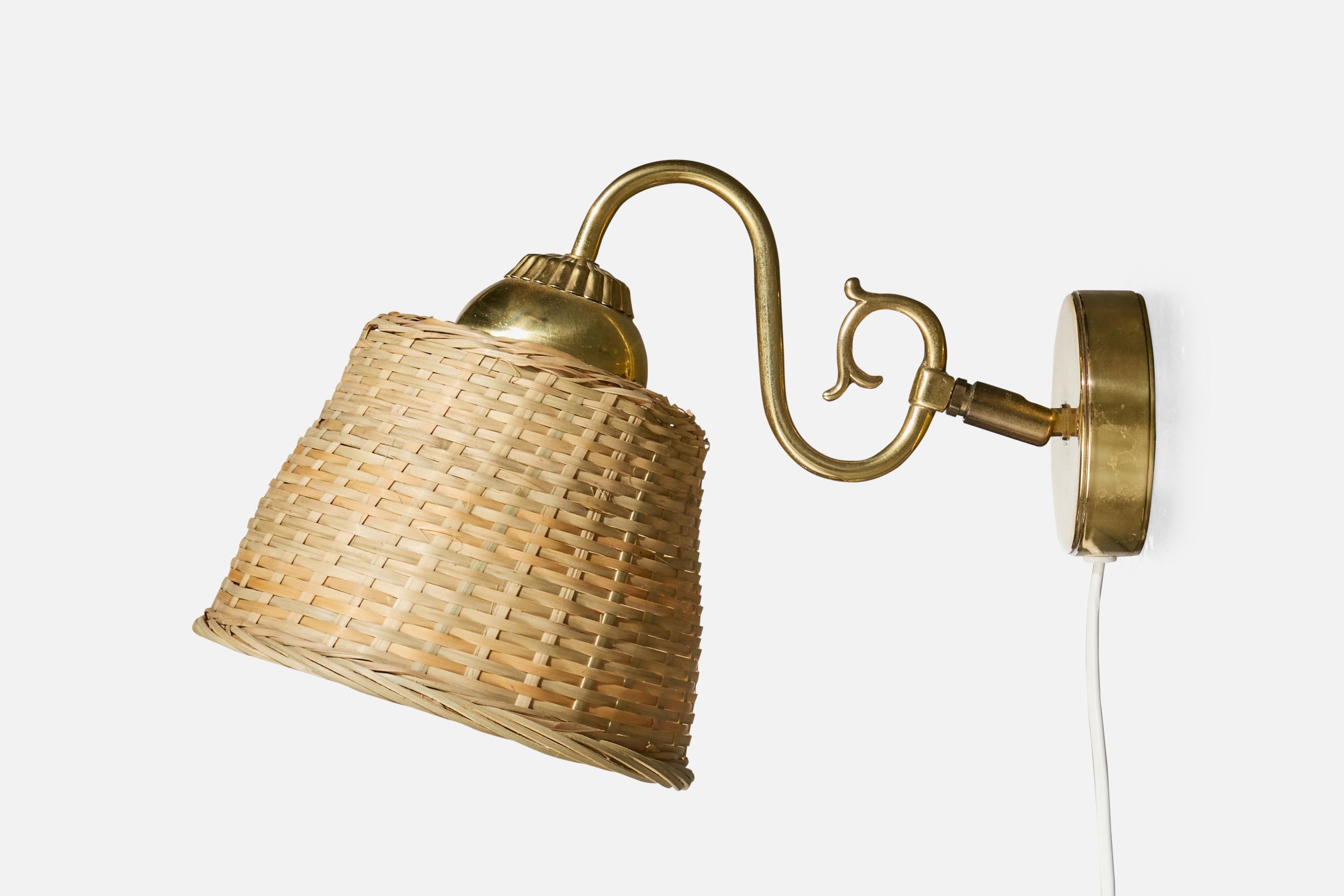 Boréns Borås, Apliques, Latón, Ratán, Suecia, 1970s en Bueno estado para la venta en High Point, NC