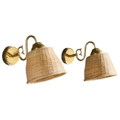 Boréns Borås, Wall Lights, Brass, Rattan, Sweden, 1970s