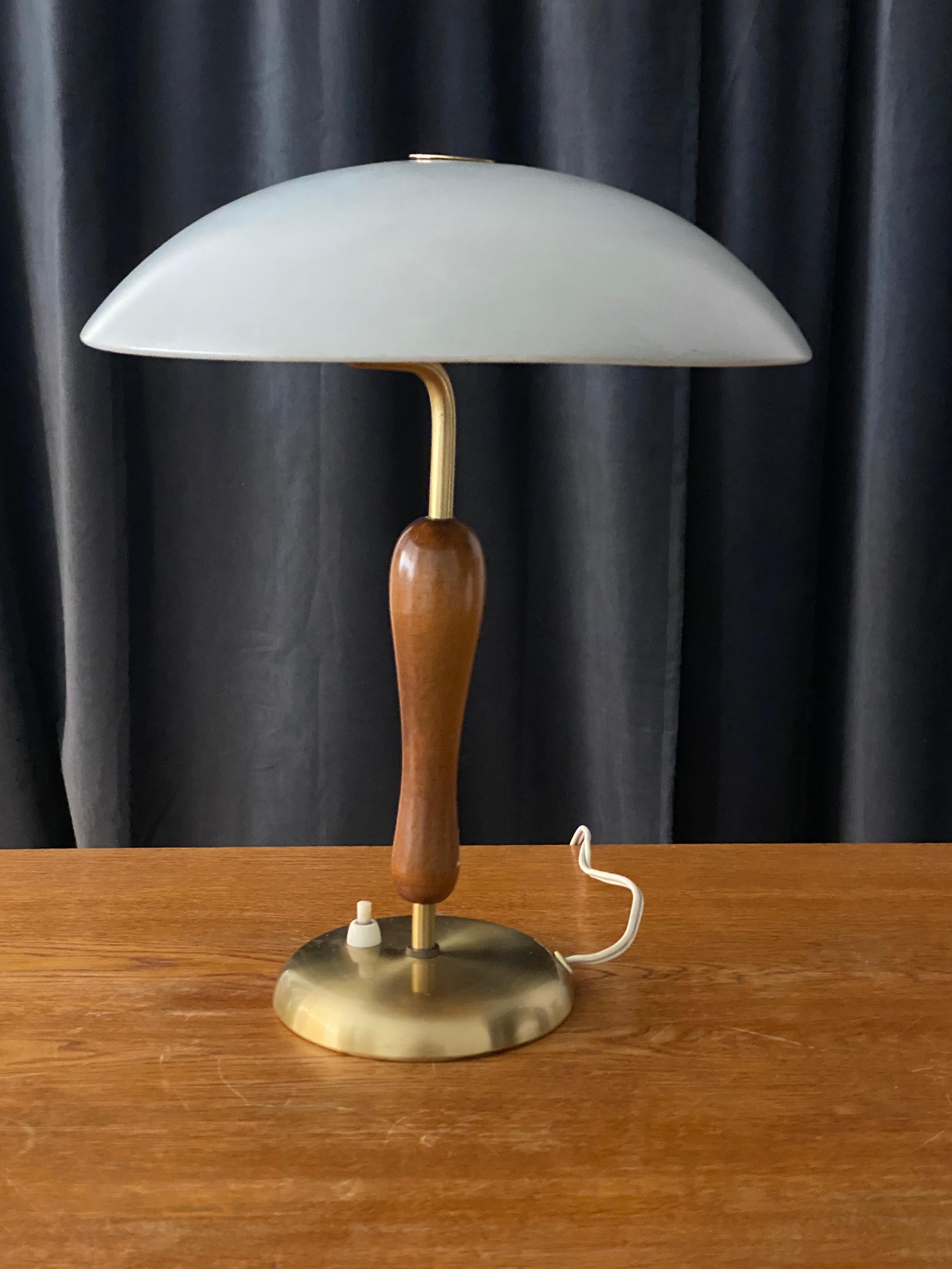 Scandinavian Modern Boréns, Functionalist Table Lamp Brass, Stained Oak, Lacquered Steel, circa 1949