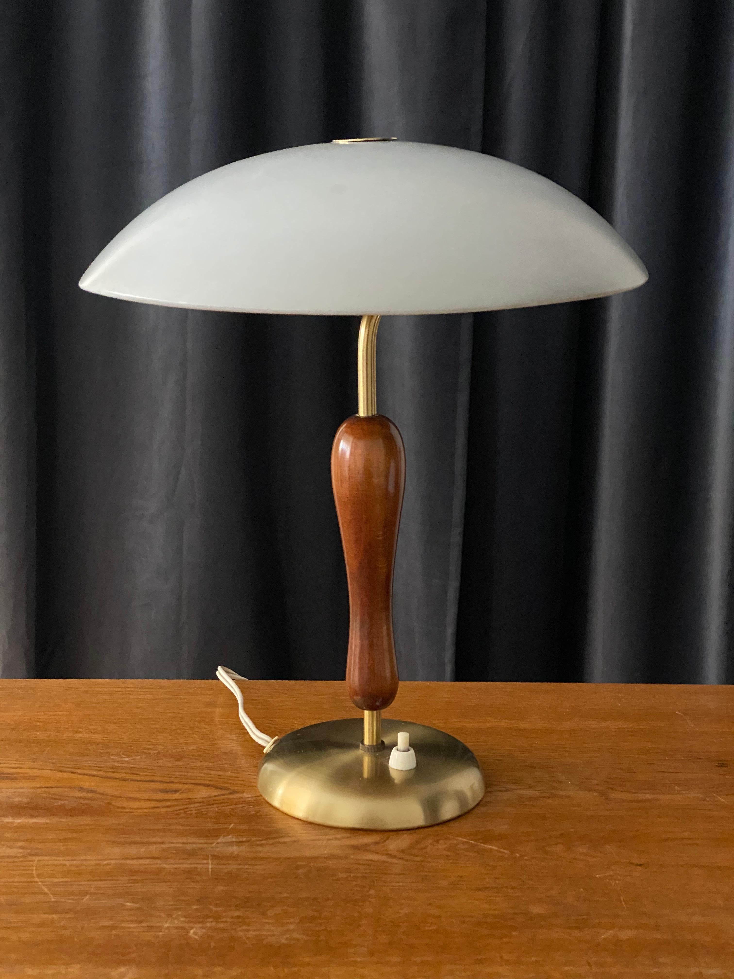 Boréns, Functionalist Table Lamp Brass, Stained Oak, Lacquered Steel, circa 1949 1