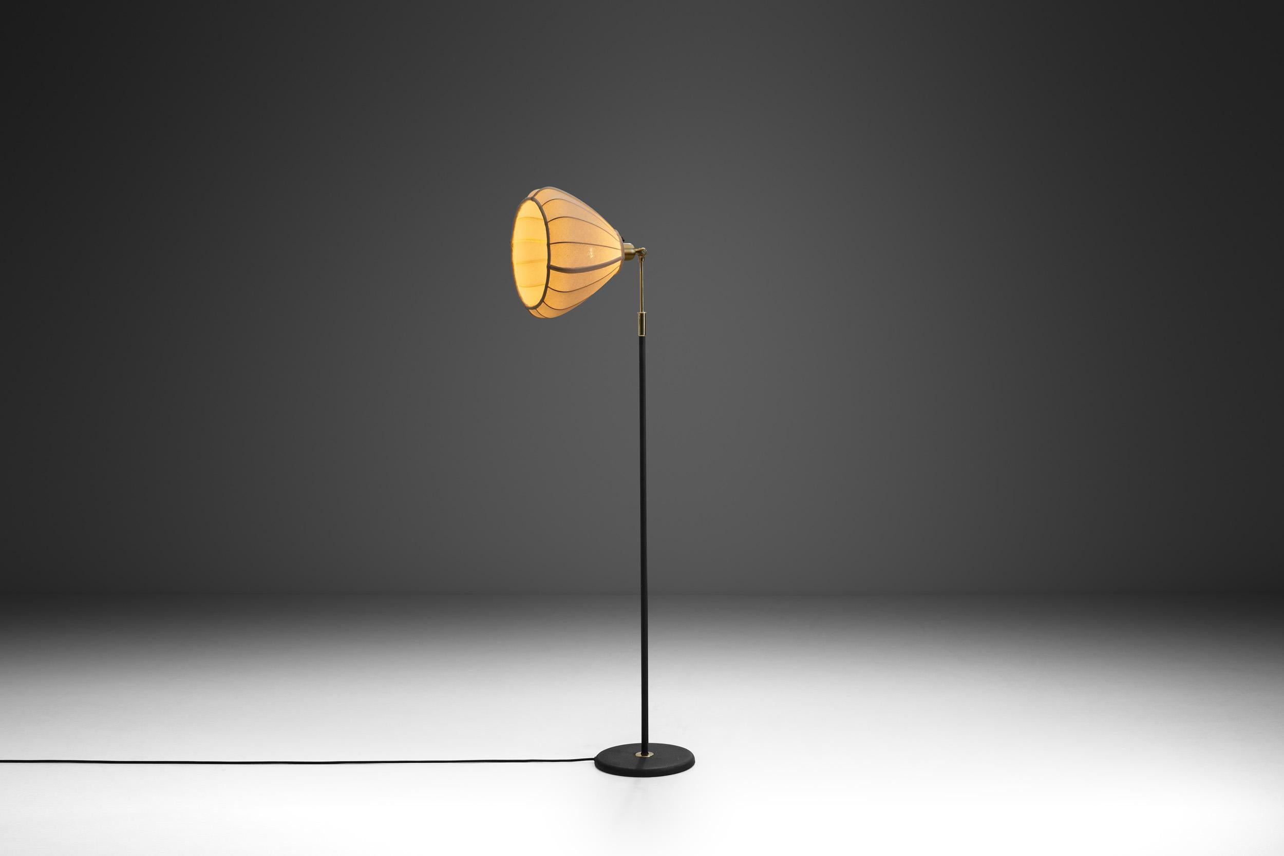 ‎‎‎‎This exceptionally rare floor lamp model is delightfully distinctive, and while it carries the essential Swedish design elements and ideals, it is unique in all sense of the word.

This model B7216 floor lamp's organic fabric shade is