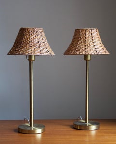 Borns, lampes de bureau, laiton, rotin, Bors, Suède, 1970