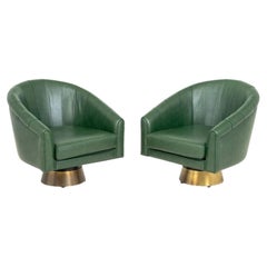 Borgade Green Leather Swivel Tub Chairs, Pair