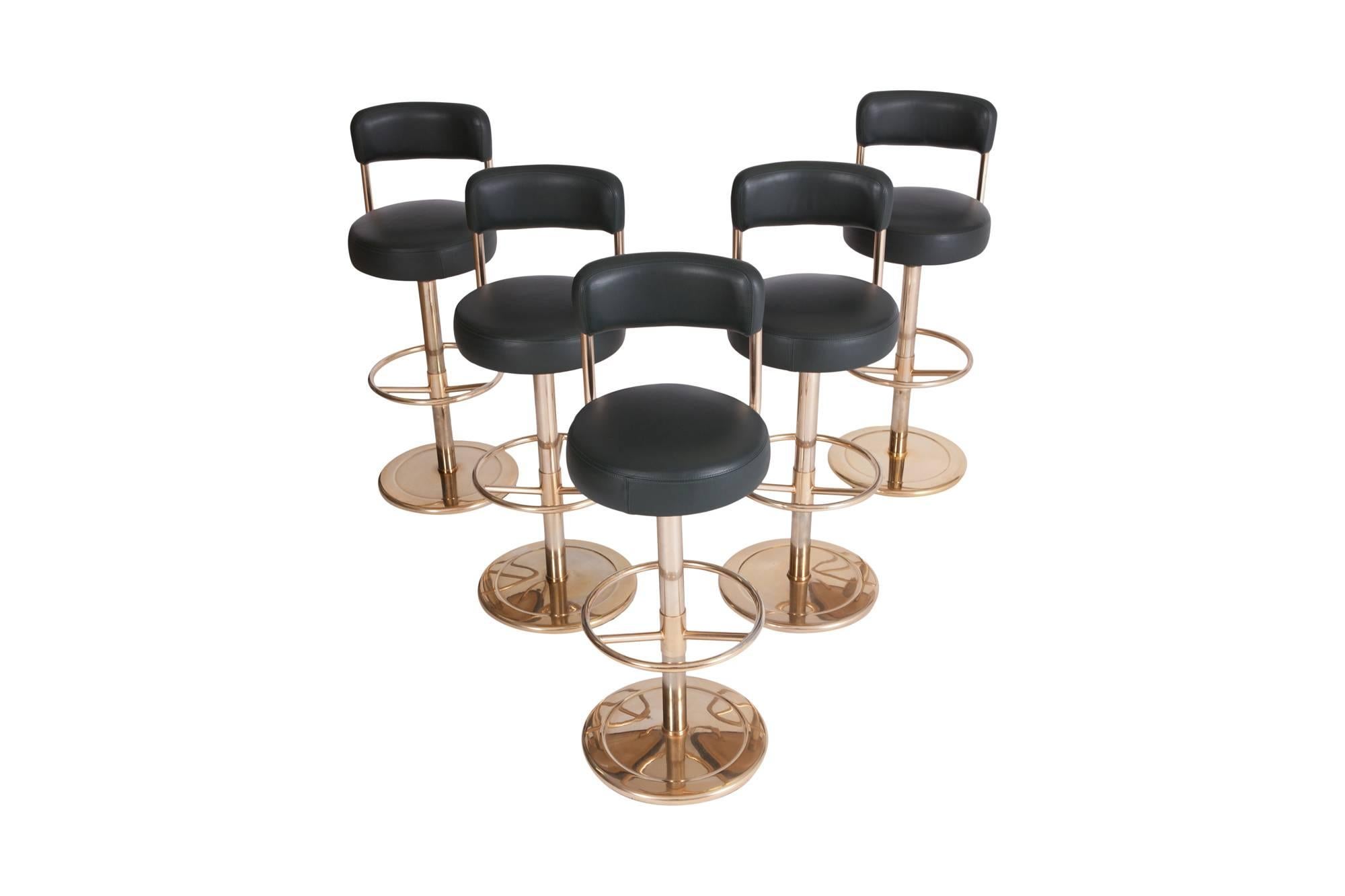 Gold-plated and Green leather “Jupiter” barstools, designed by Börge Johansson, produced by Johansson design in Markaryd, Sweden, 1970s. This set of five stools have a very rich appearance due the combination of a gold coloured base and deep