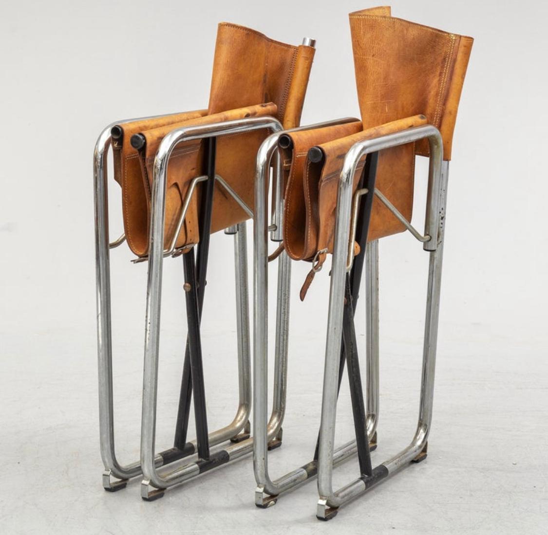 Swedish Borge Lindau & Bo Lindekrantz Leather Folding Chairs and Table, Set of 7 For Sale
